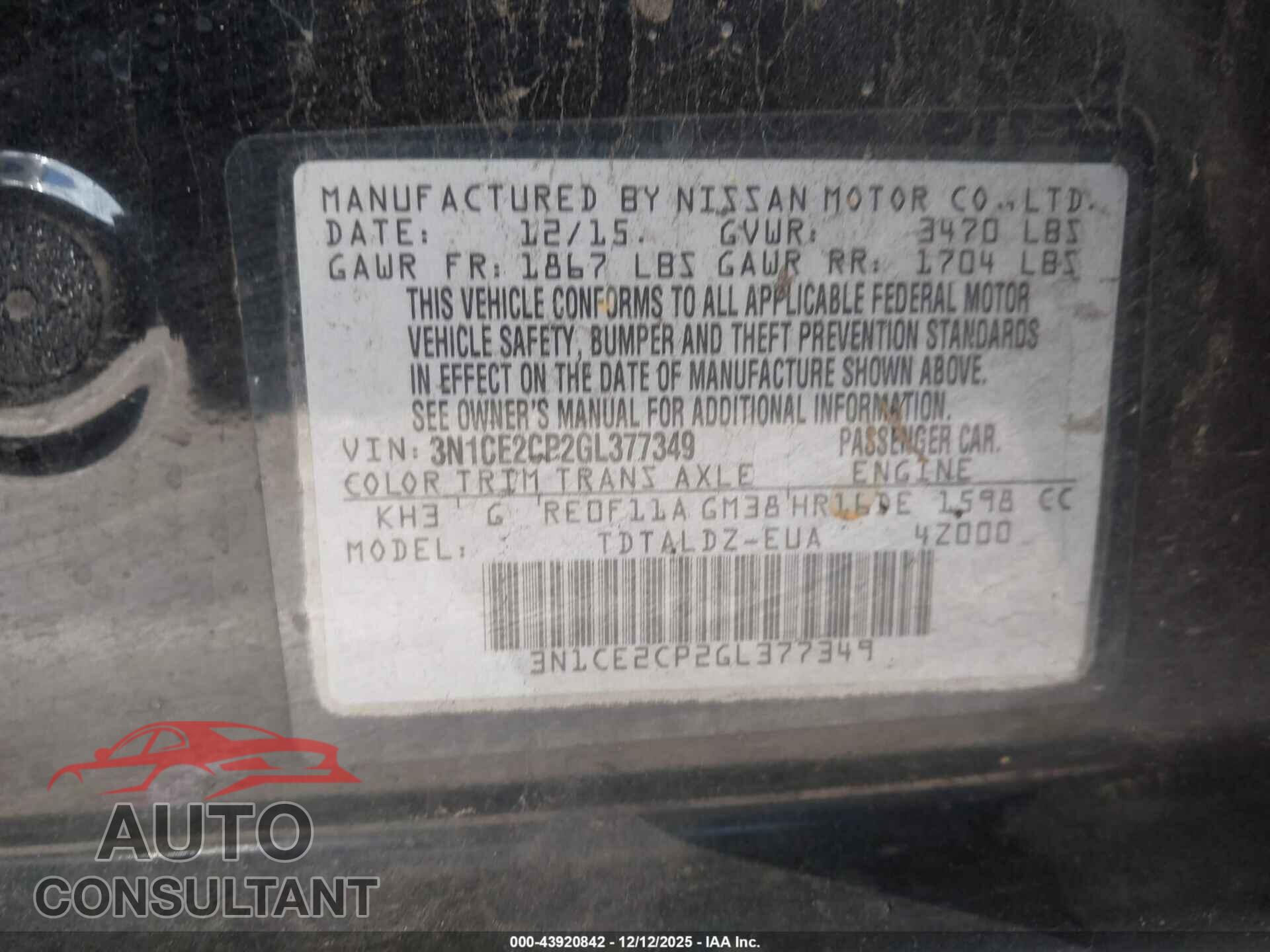NISSAN VERSA NOTE 2016 - 3N1CE2CP2GL377349