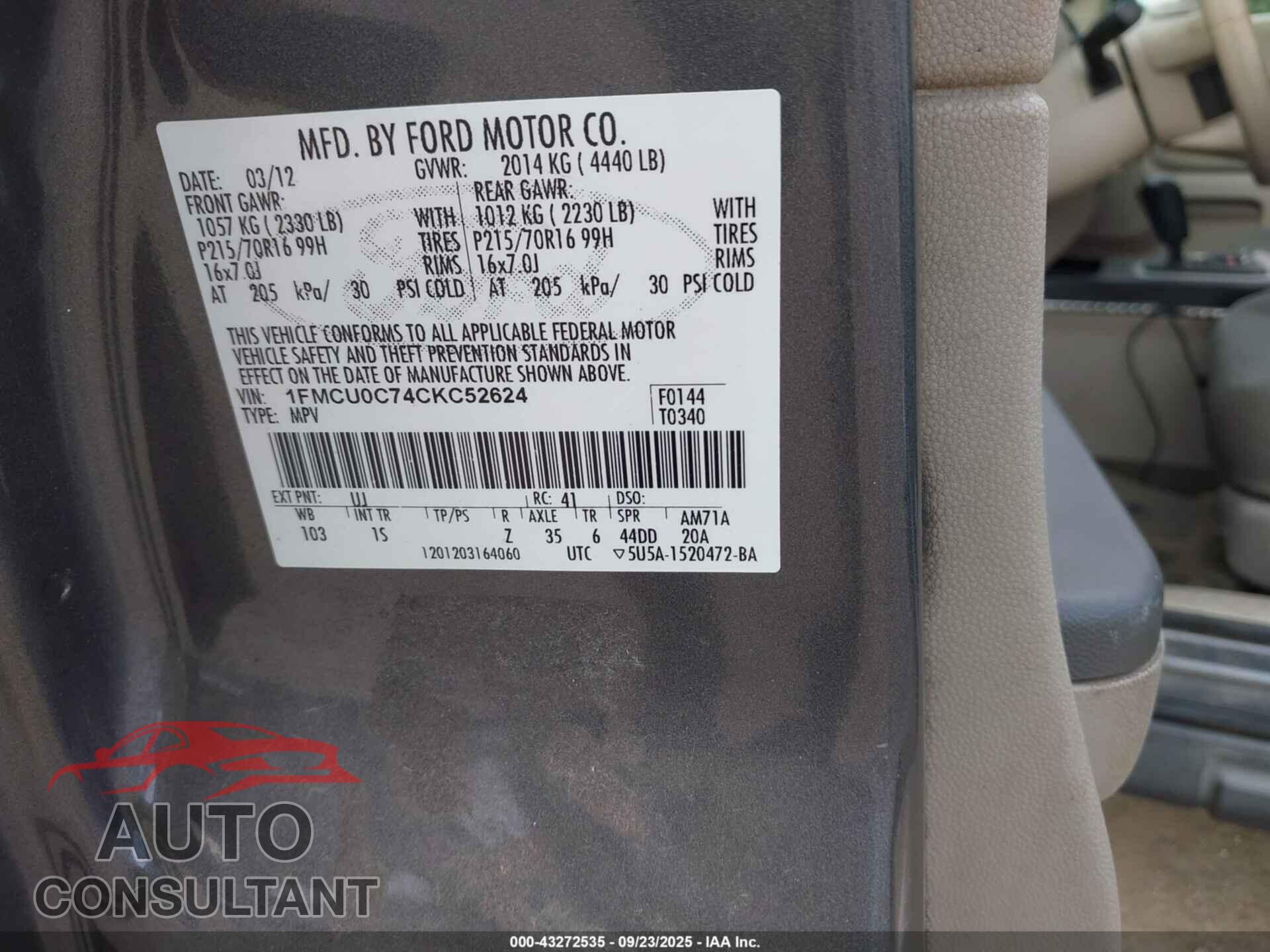 FORD ESCAPE 2012 - 1FMCU0C74CKC52624