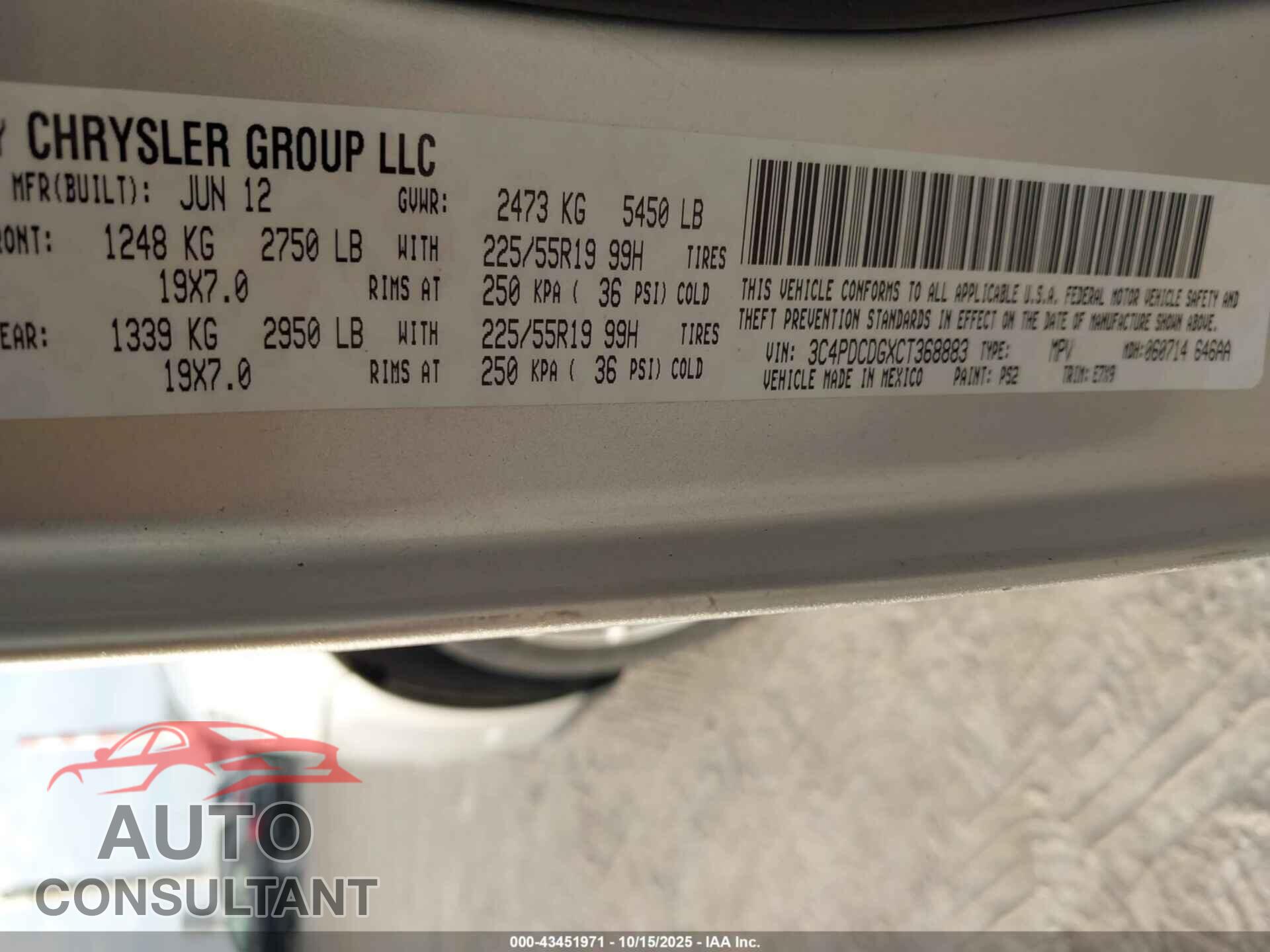 DODGE JOURNEY 2012 - 3C4PDCDGXCT368883