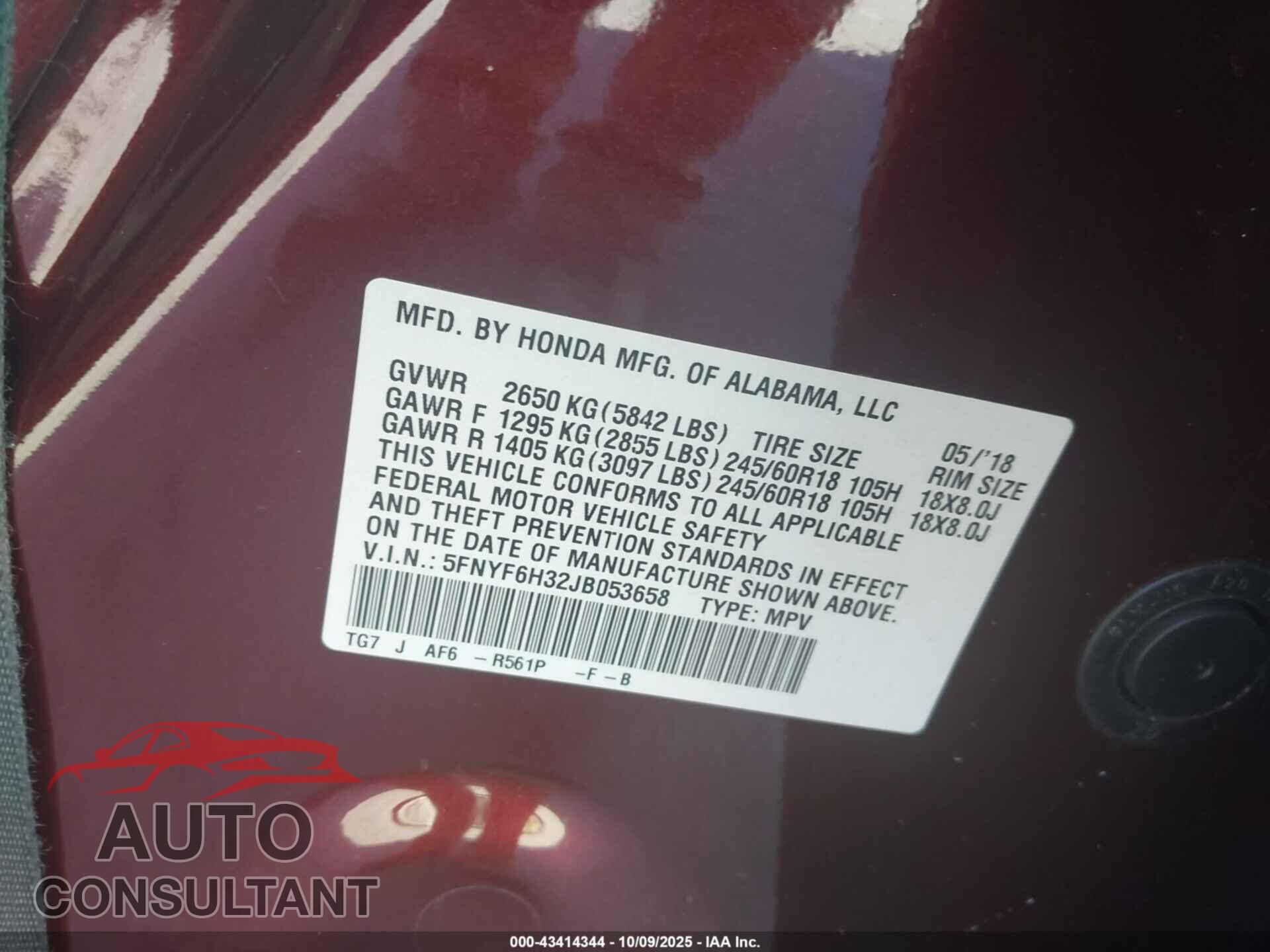 HONDA PILOT 2018 - 5FNYF6H32JB053658