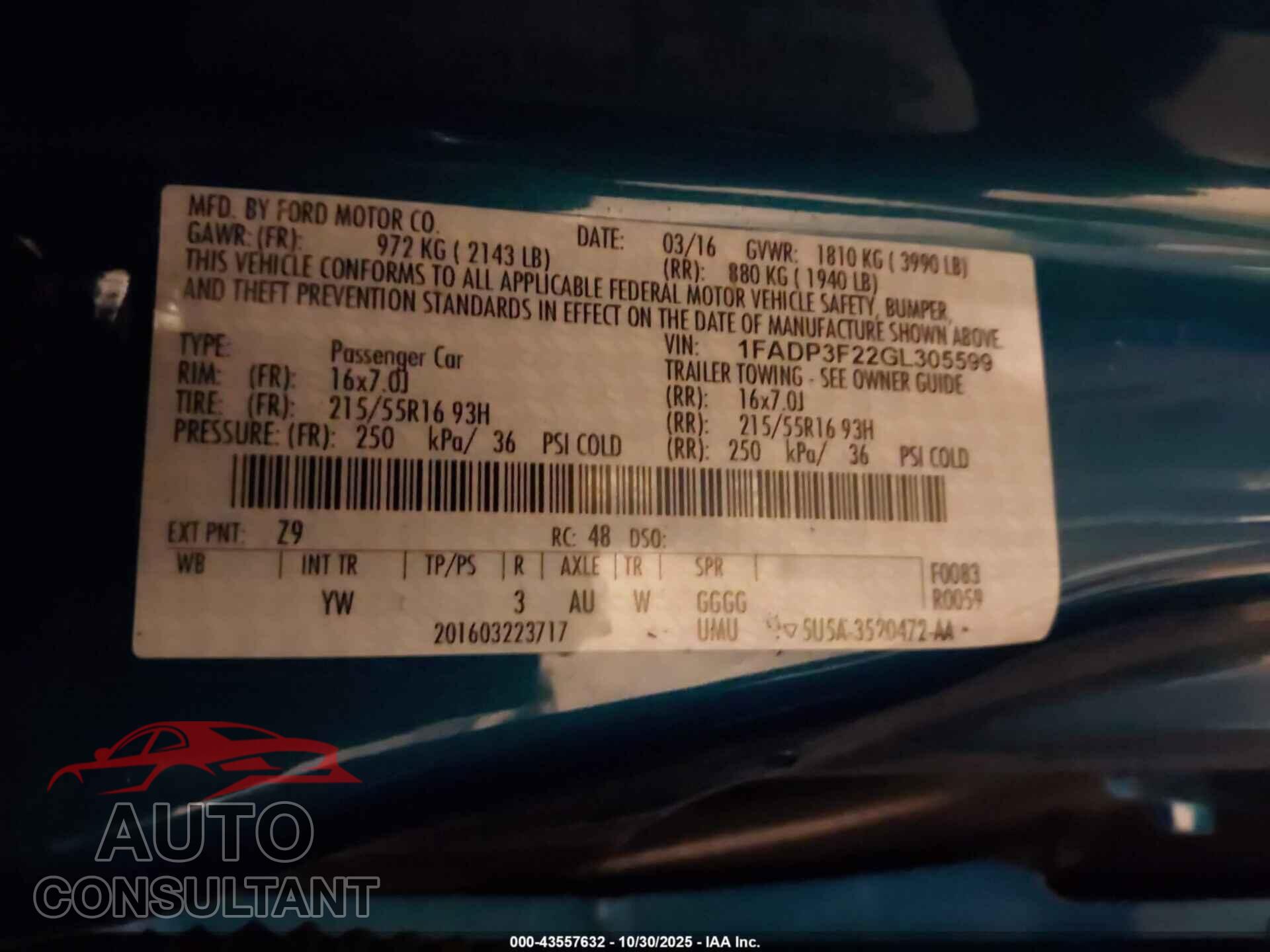 FORD FOCUS 2016 - 1FADP3F22GL305599