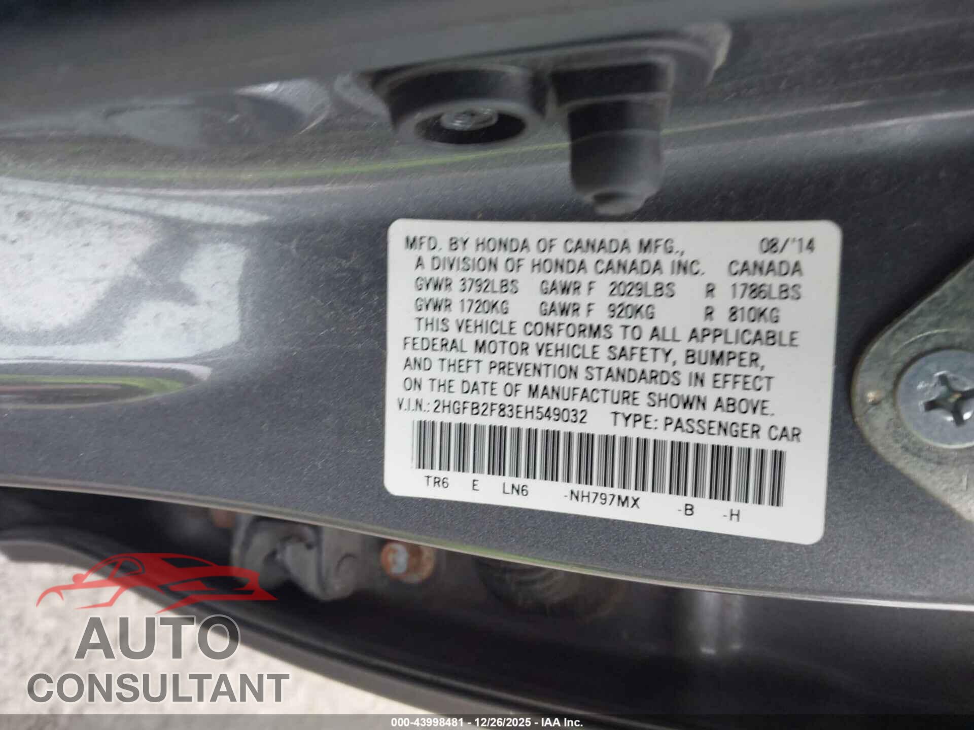 HONDA CIVIC 2014 - 2HGFB2F83EH549032