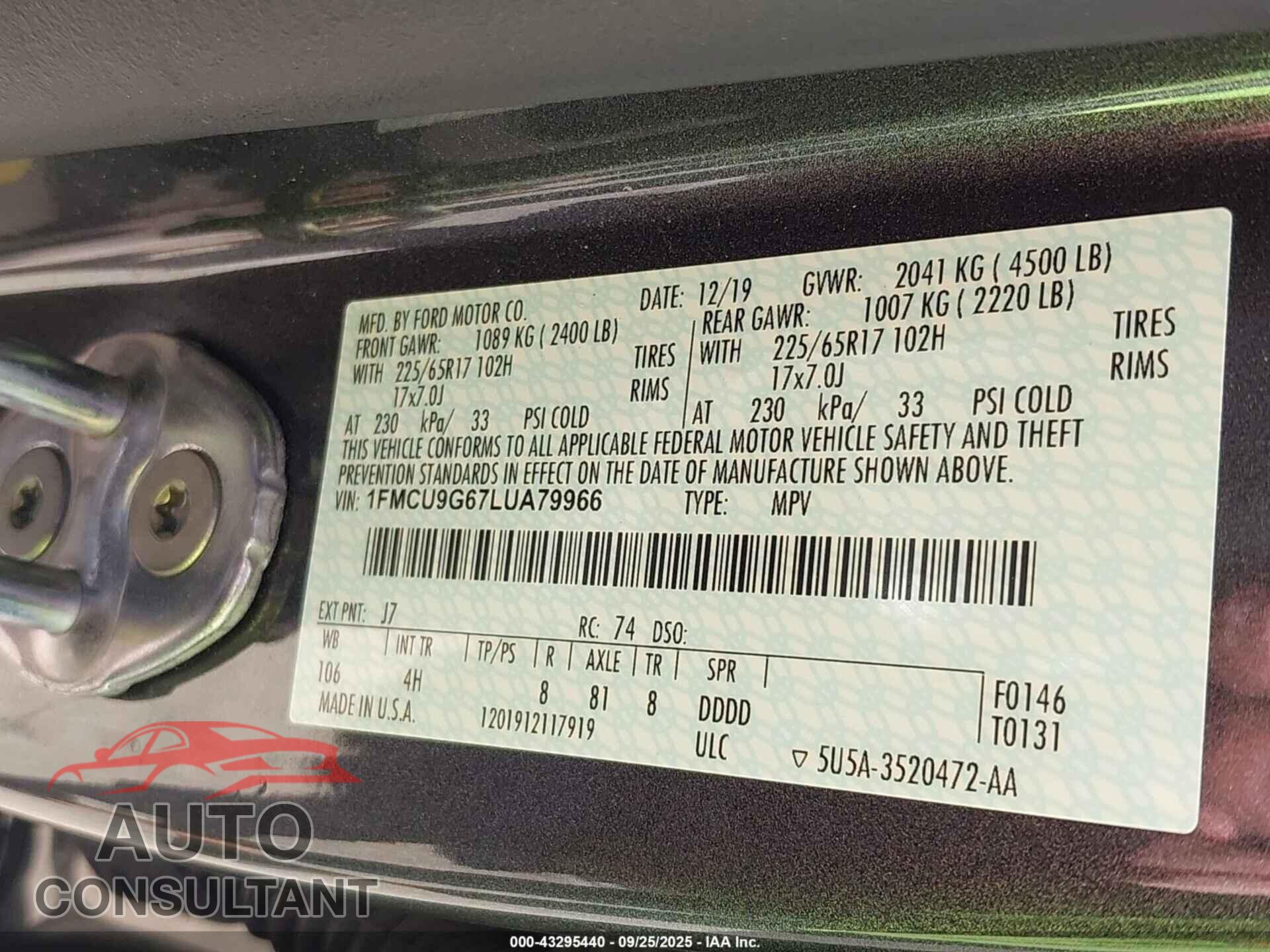 FORD ESCAPE 2020 - 1FMCU9G67LUA79966