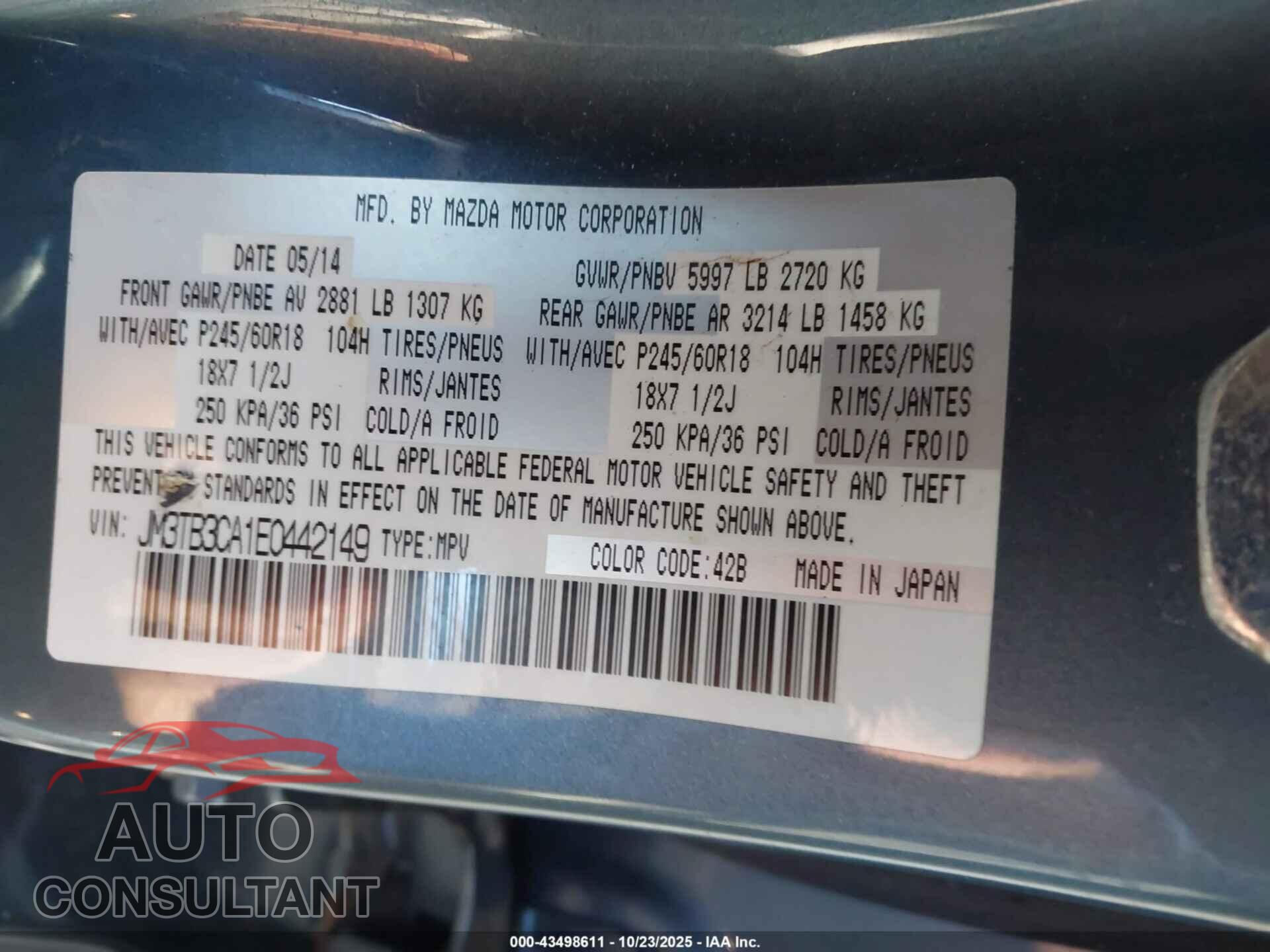 MAZDA CX-9 2014 - JM3TB3CA1E0442149