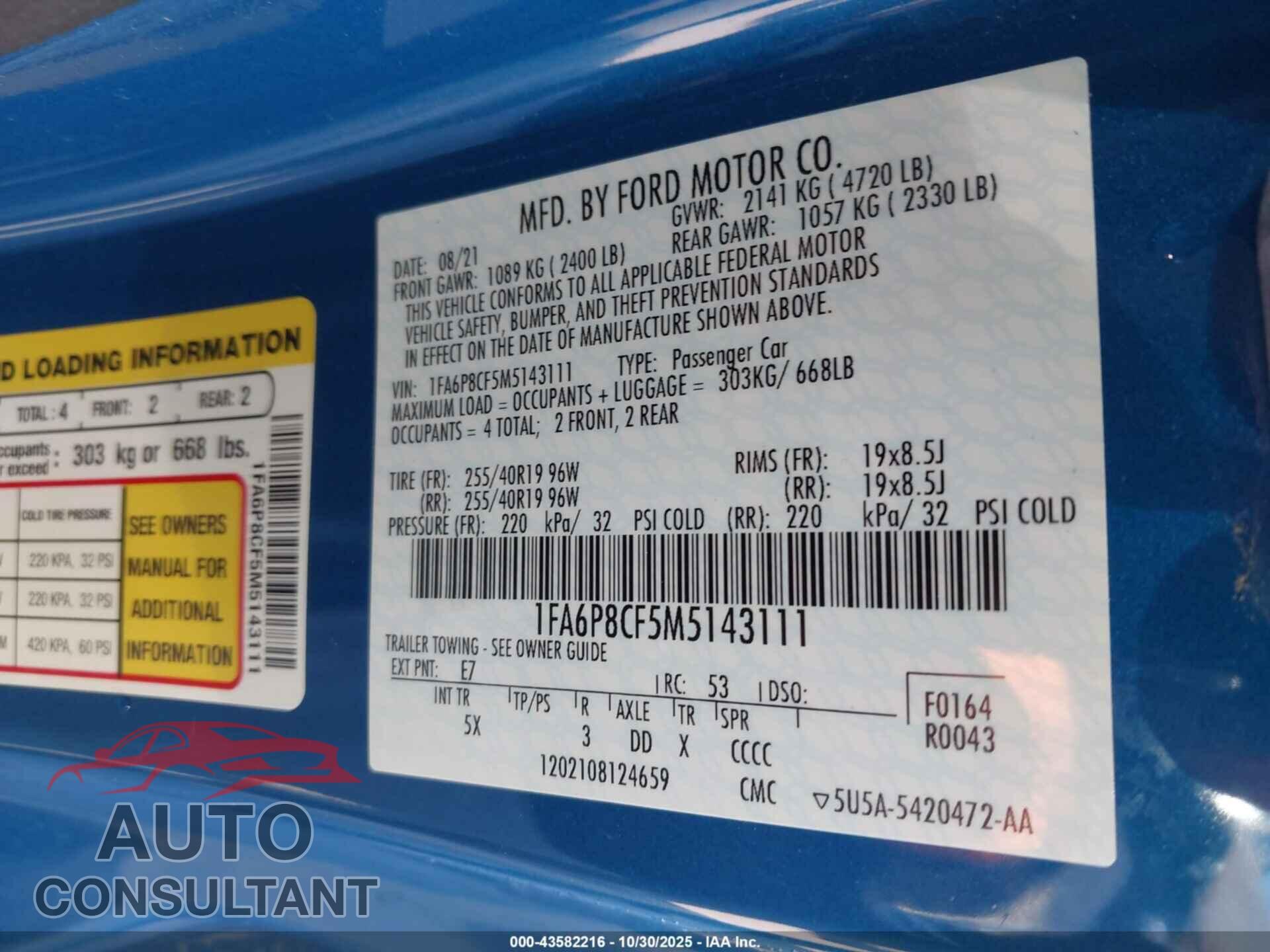 FORD MUSTANG 2021 - 1FA6P8CF5M5143111