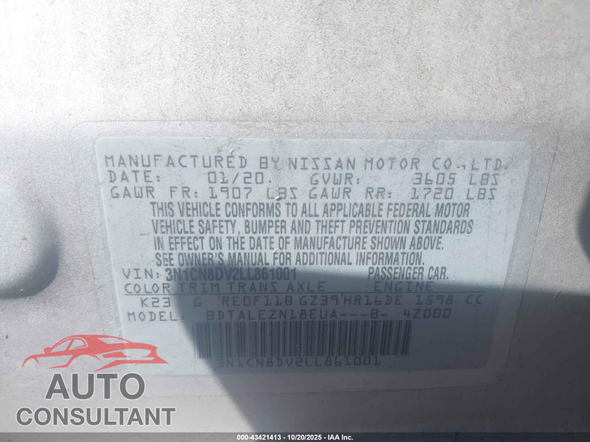 NISSAN VERSA 2020 - 3N1CN8DV2LL861001