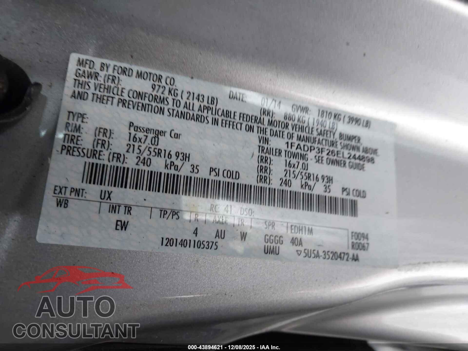 FORD FOCUS 2014 - 1FADP3F26EL244898