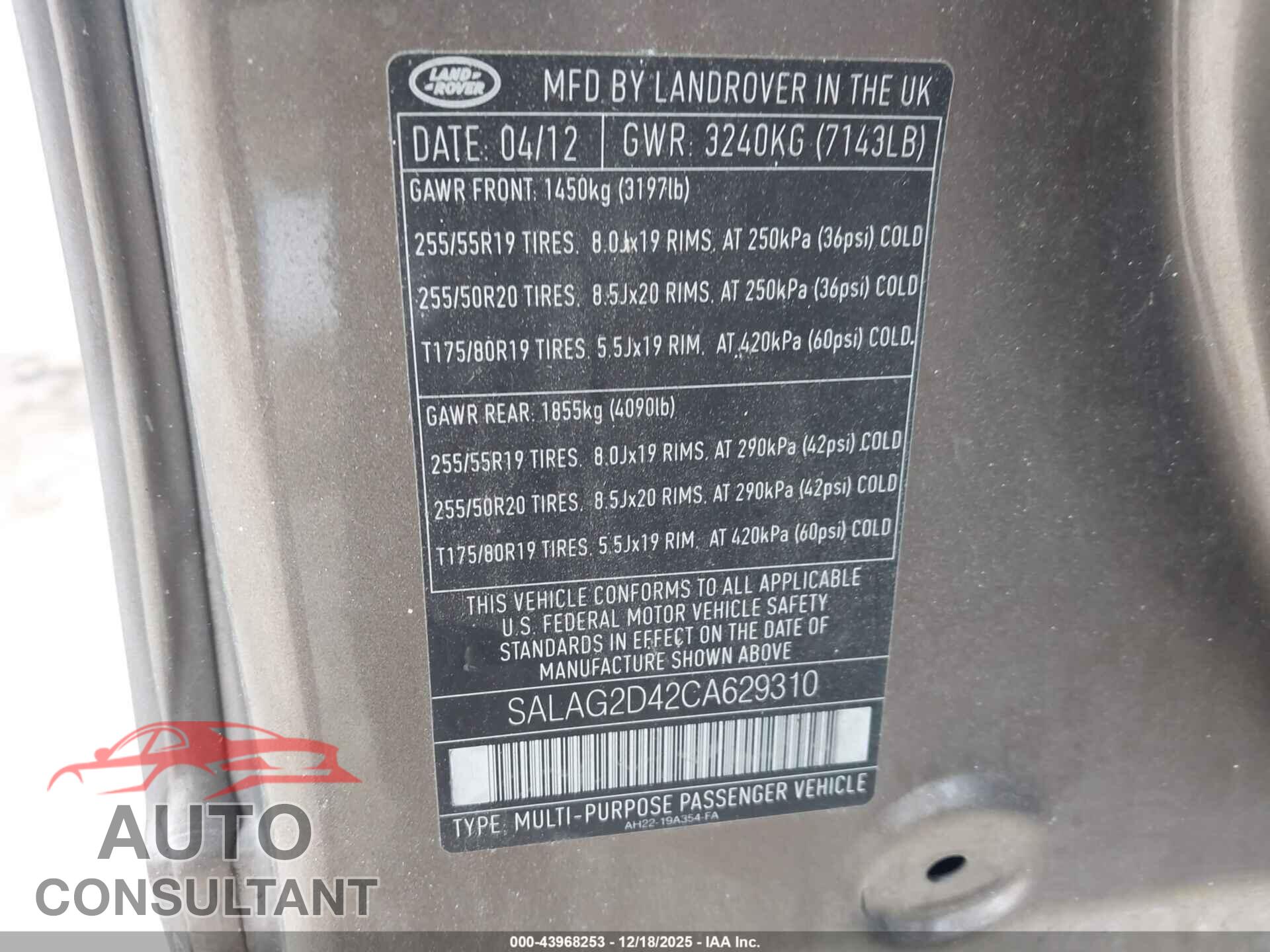 LAND ROVER LR4 2012 - SALAG2D42CA629310