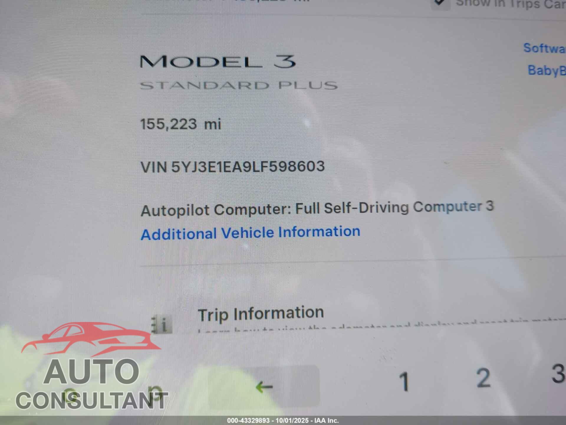 TESLA MODEL 3 2020 - 5YJ3E1EA9LF598603