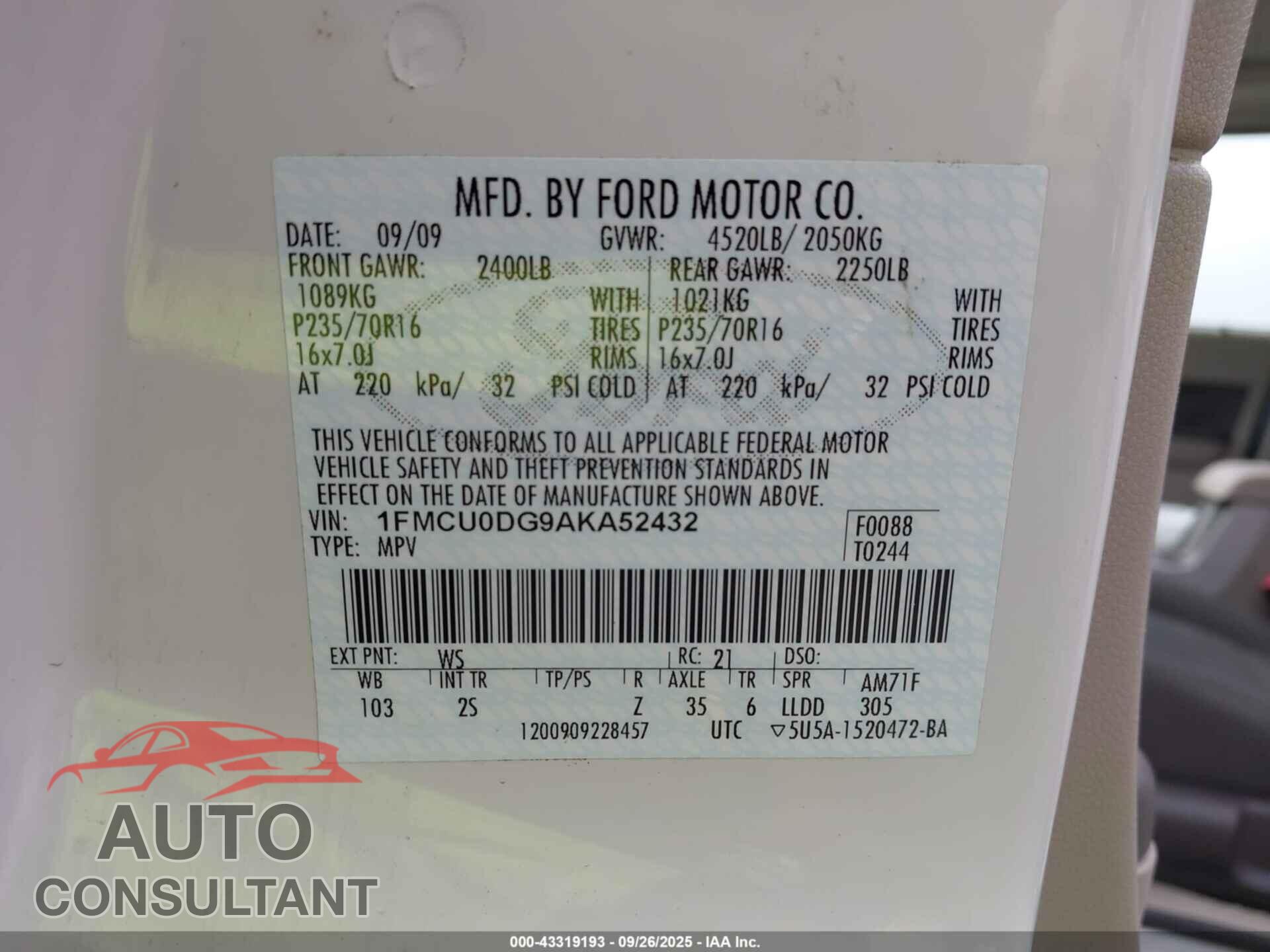 FORD ESCAPE 2010 - 1FMCU0DG9AKA52432