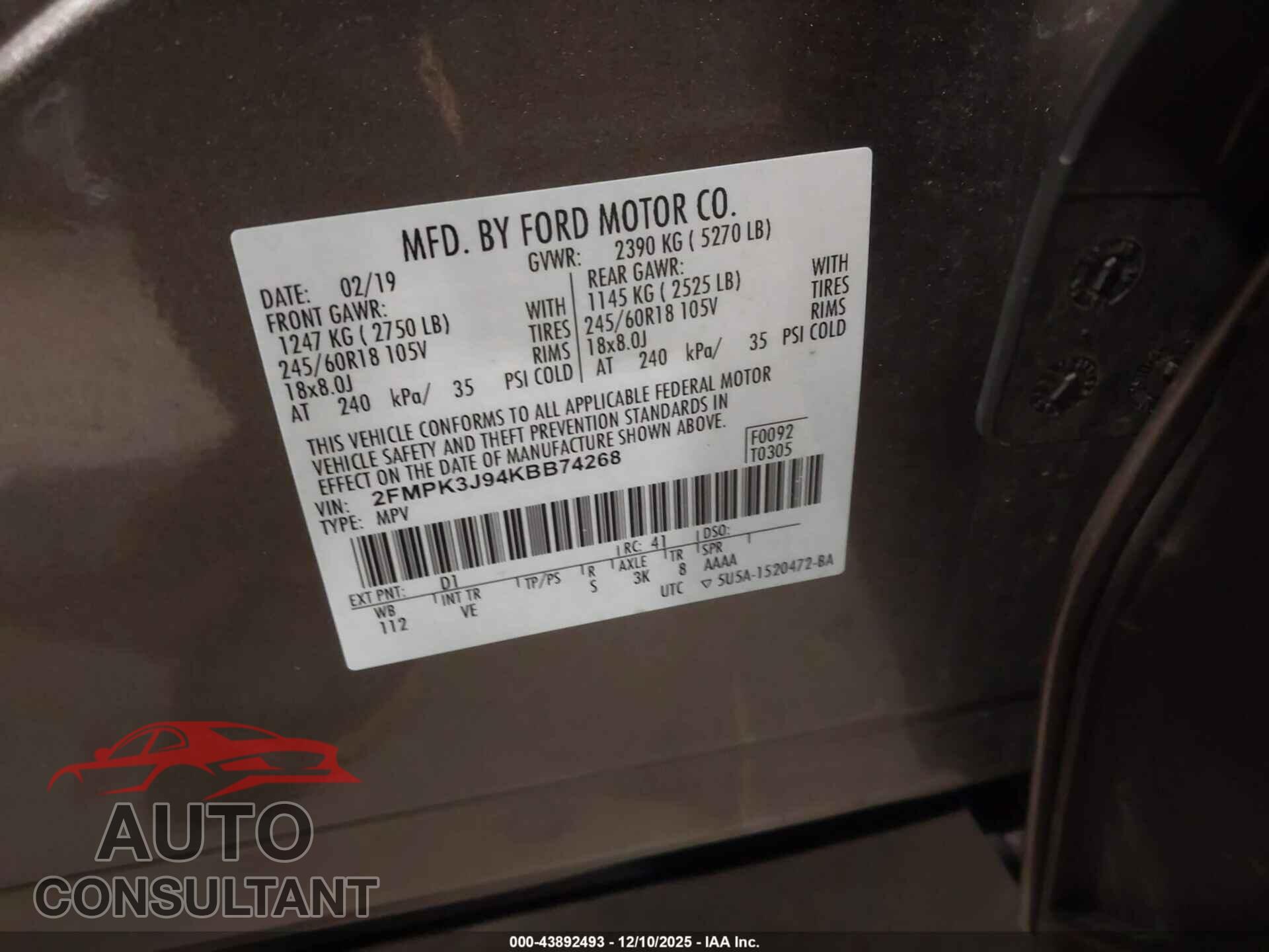 FORD EDGE 2019 - 2FMPK3J94KBB74268