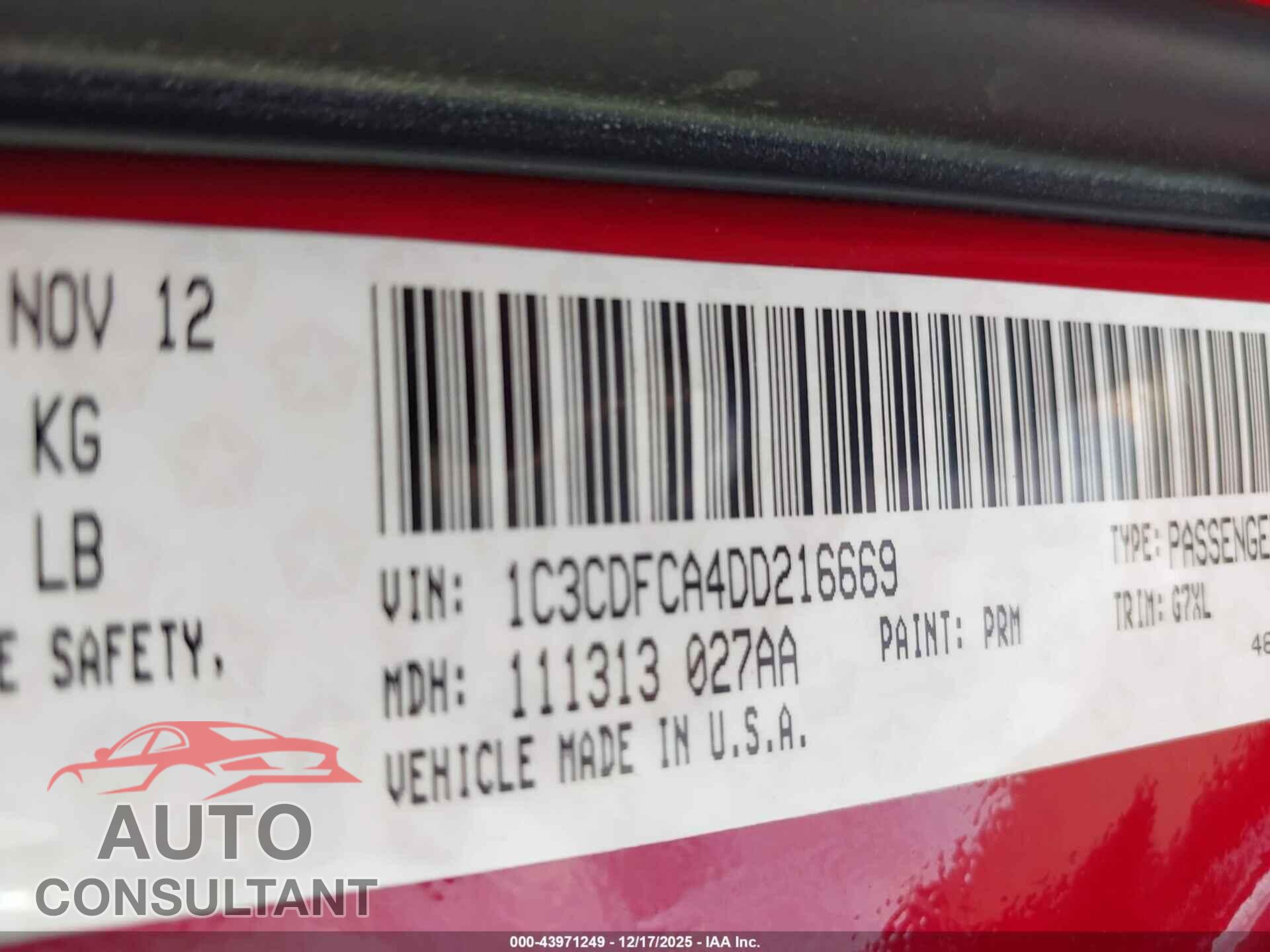 DODGE DART 2013 - 1C3CDFCA4DD216669