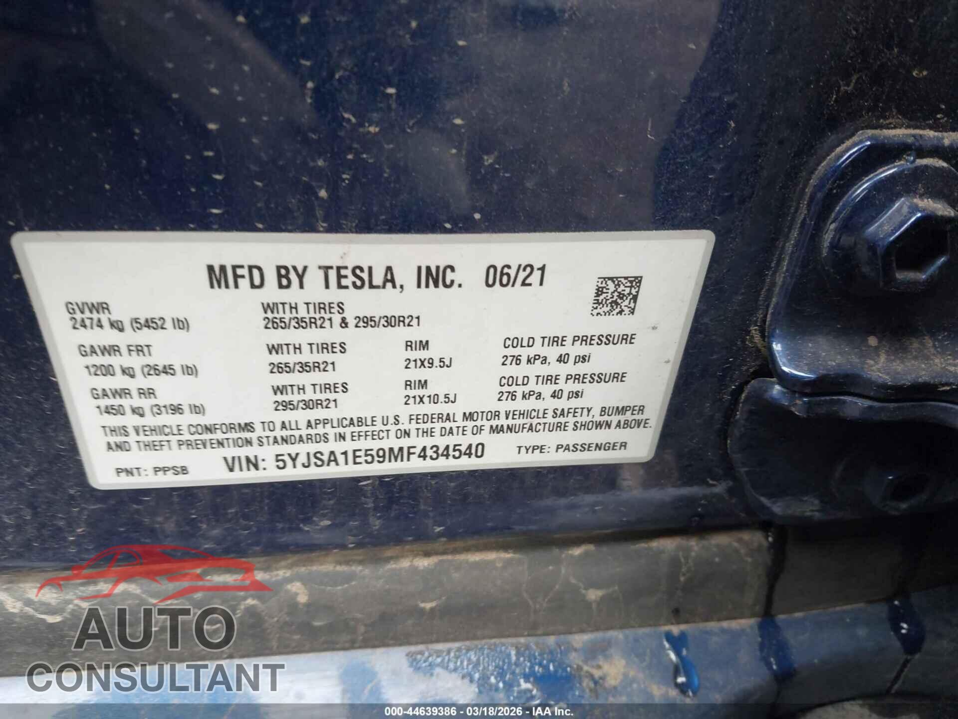TESLA MODEL S 2021 - 5YJSA1E59MF434540