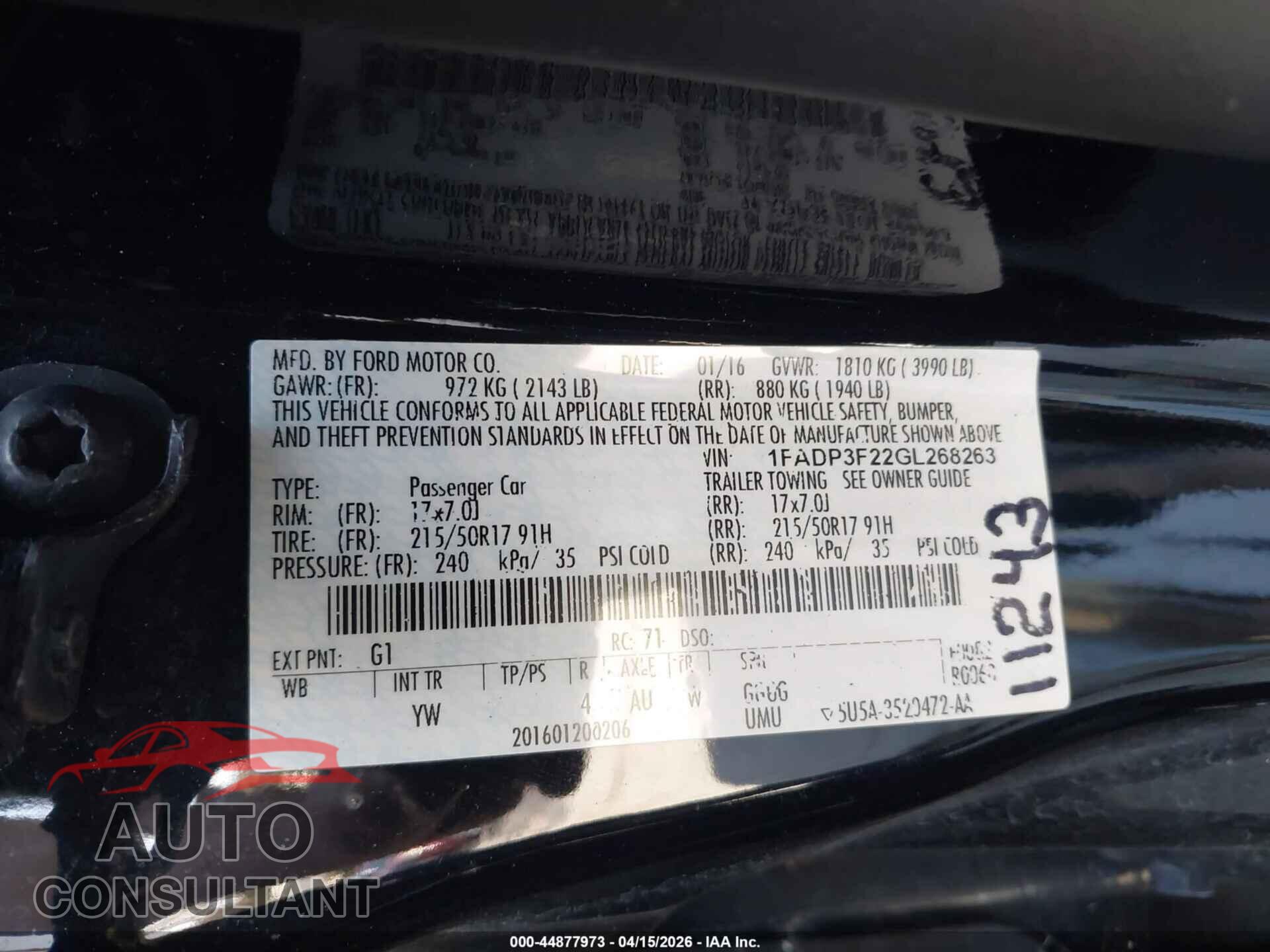 FORD FOCUS 2016 - 1FADP3F22GL268263