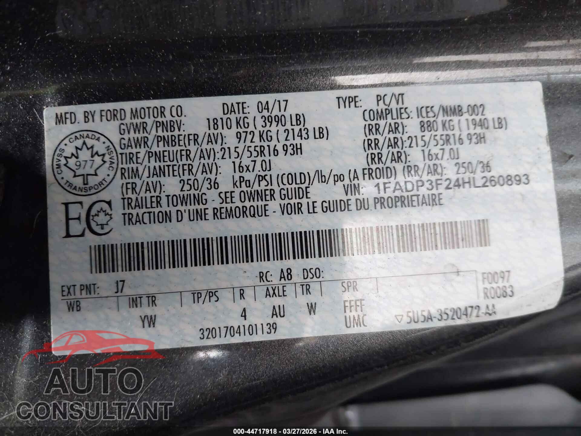 FORD FOCUS 2017 - 1FADP3F24HL260893