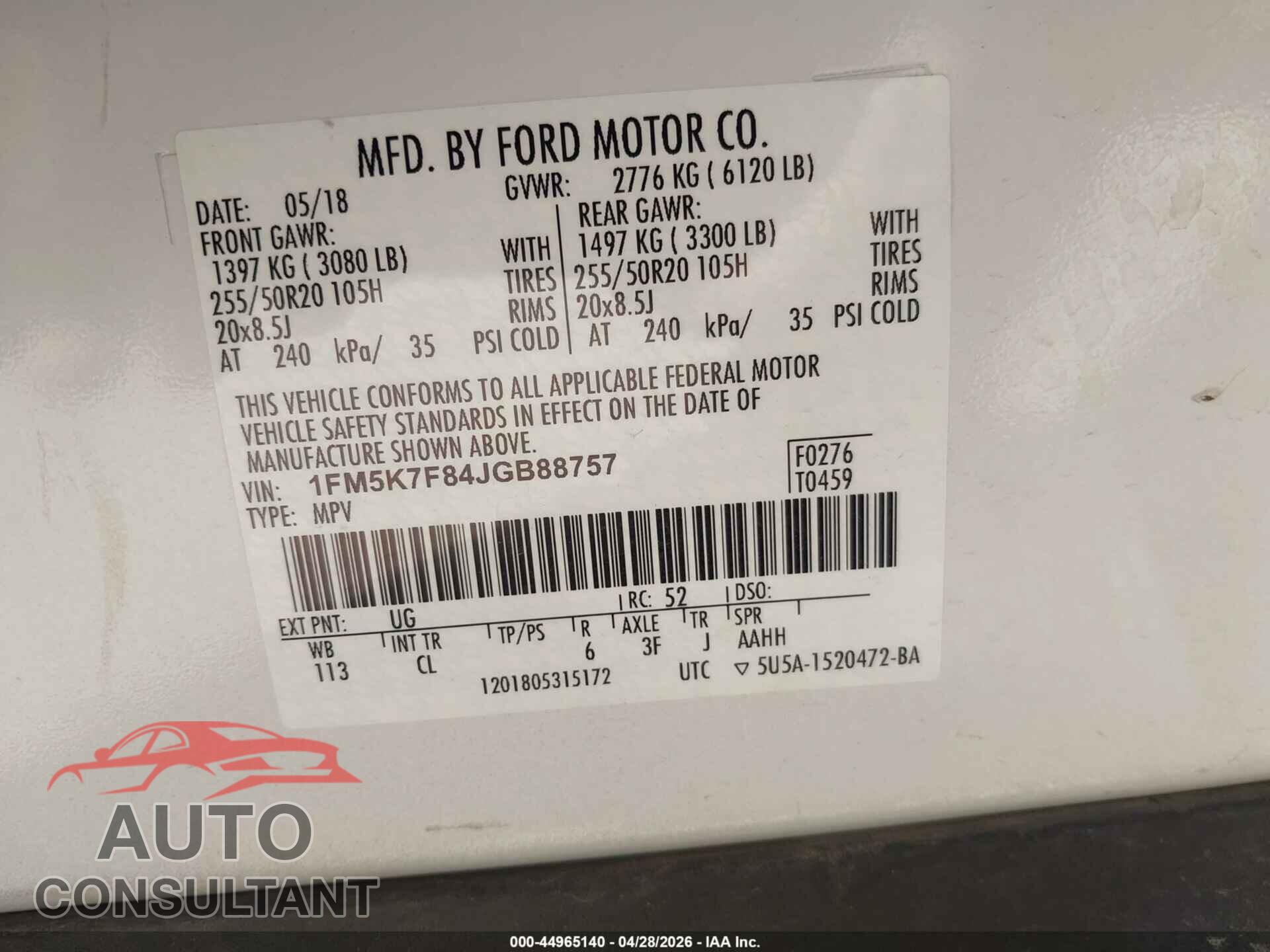 FORD EXPLORER 2018 - 1FM5K7F84JGB88757