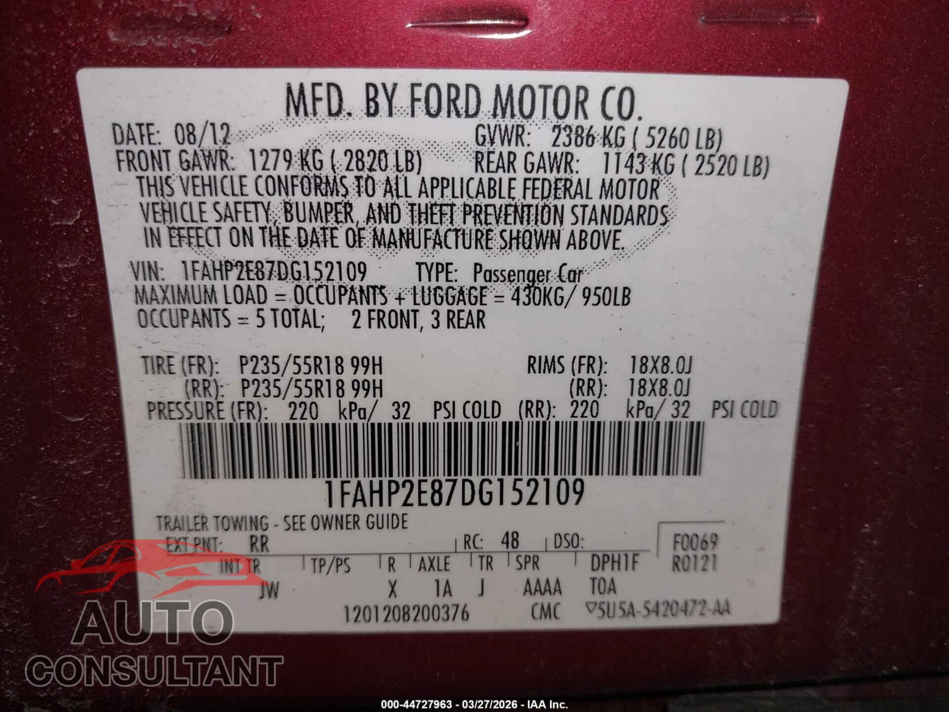 FORD TAURUS 2013 - 1FAHP2E87DG152109