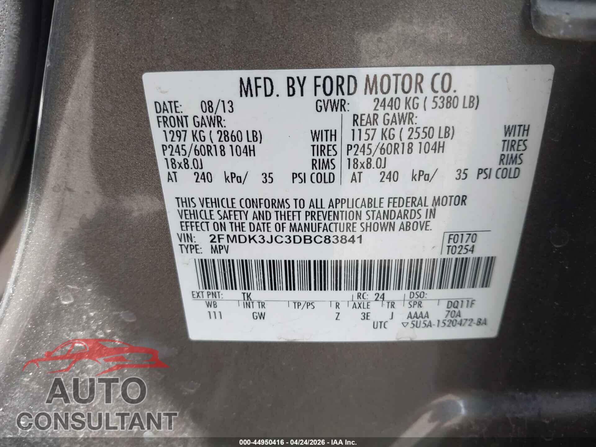 FORD EDGE 2013 - 2FMDK3JC3DBC83841