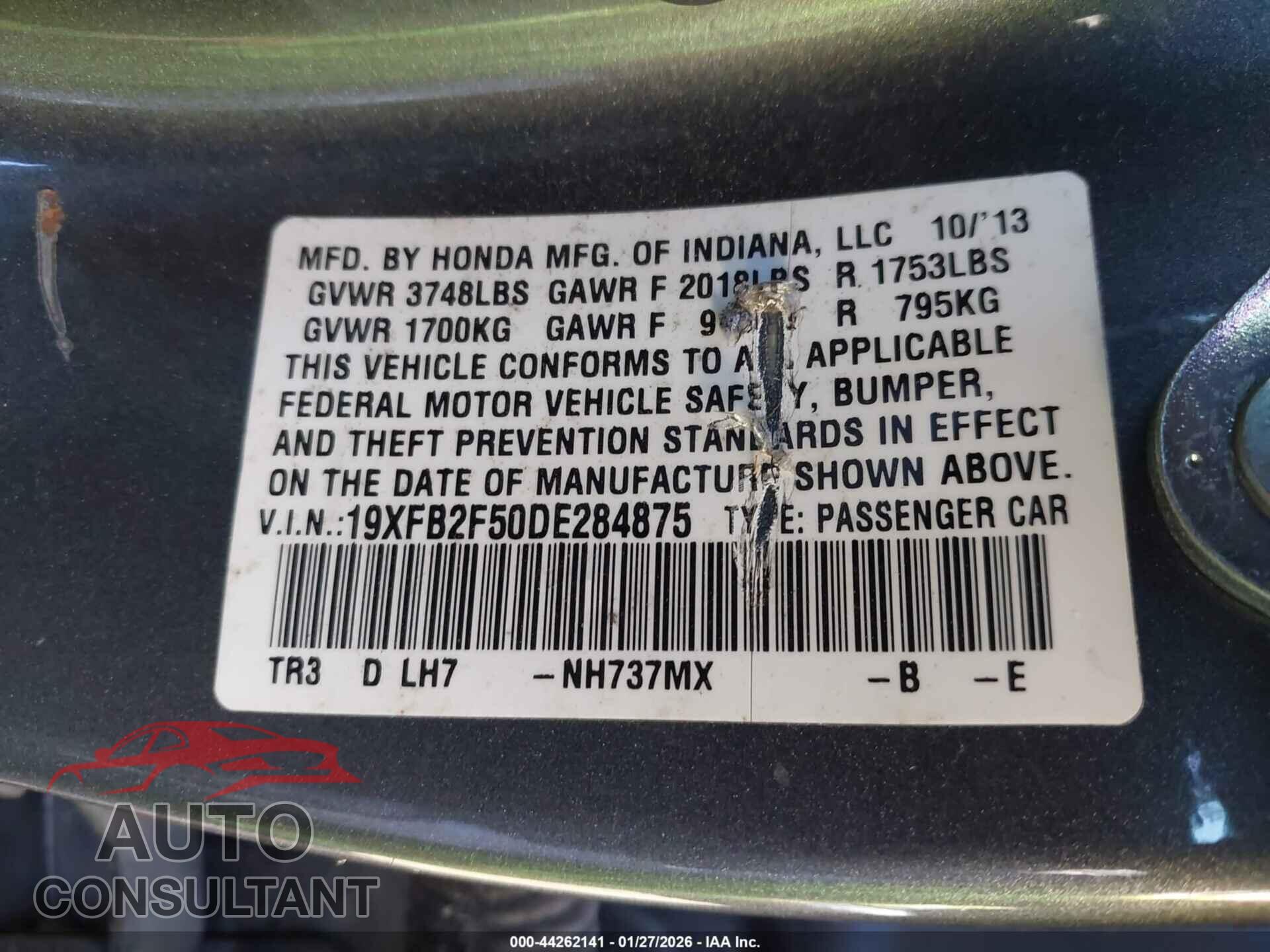 HONDA CIVIC 2013 - 19XFB2F50DE284875