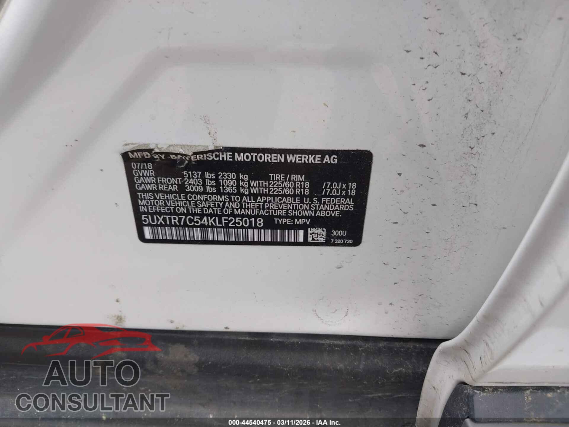 BMW X3 2019 - 5UXTR7C54KLF25018