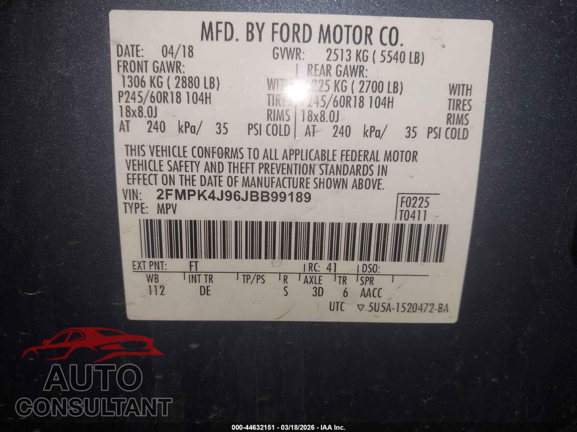 FORD EDGE 2018 - 2FMPK4J96JBB99189