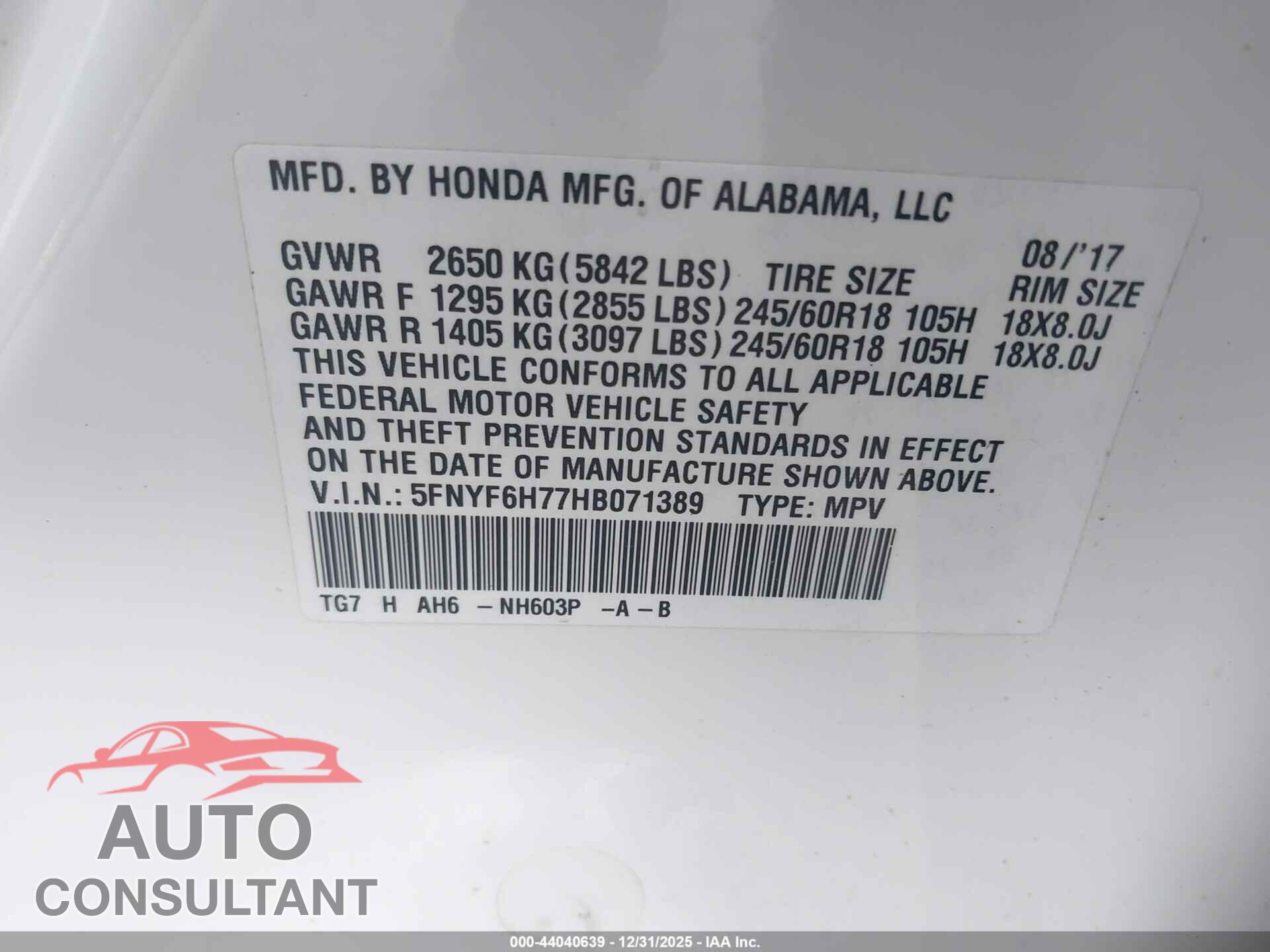 HONDA PILOT 2017 - 5FNYF6H77HB071389