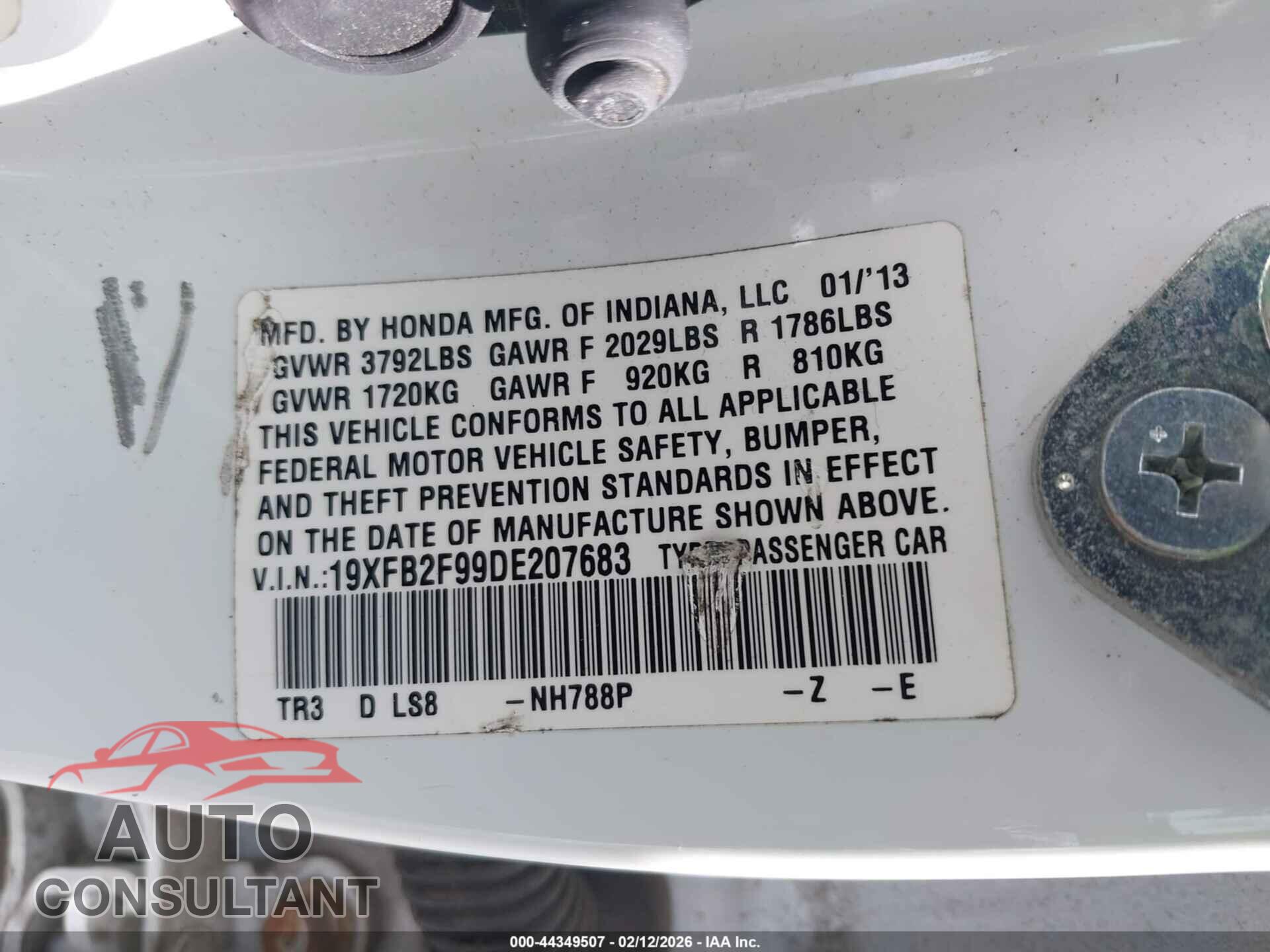 HONDA CIVIC 2013 - 19XFB2F99DE207683