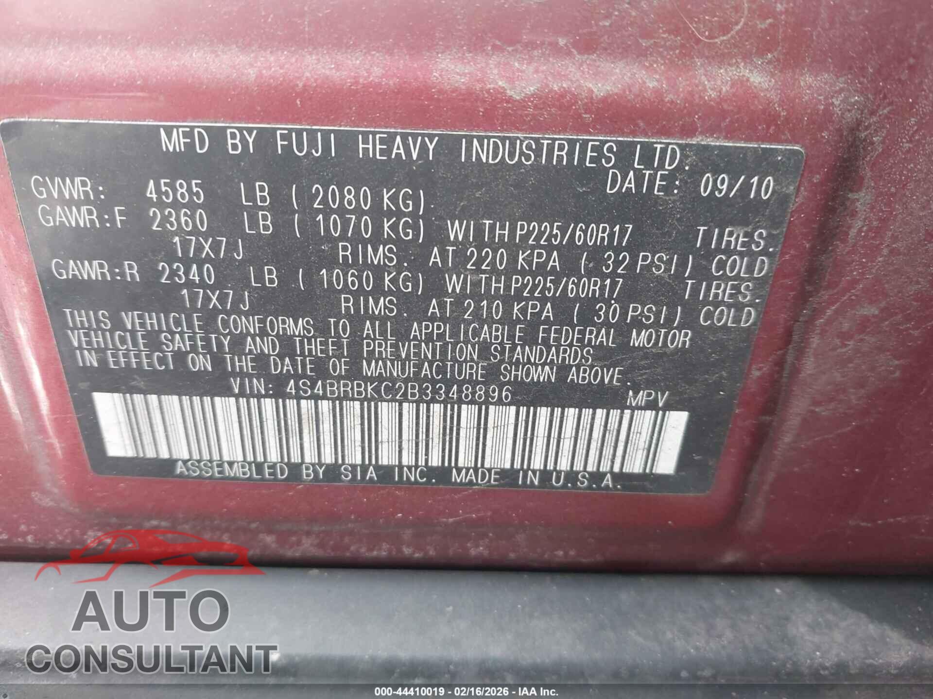 SUBARU OUTBACK 2011 - 4S4BRBKC2B3348896
