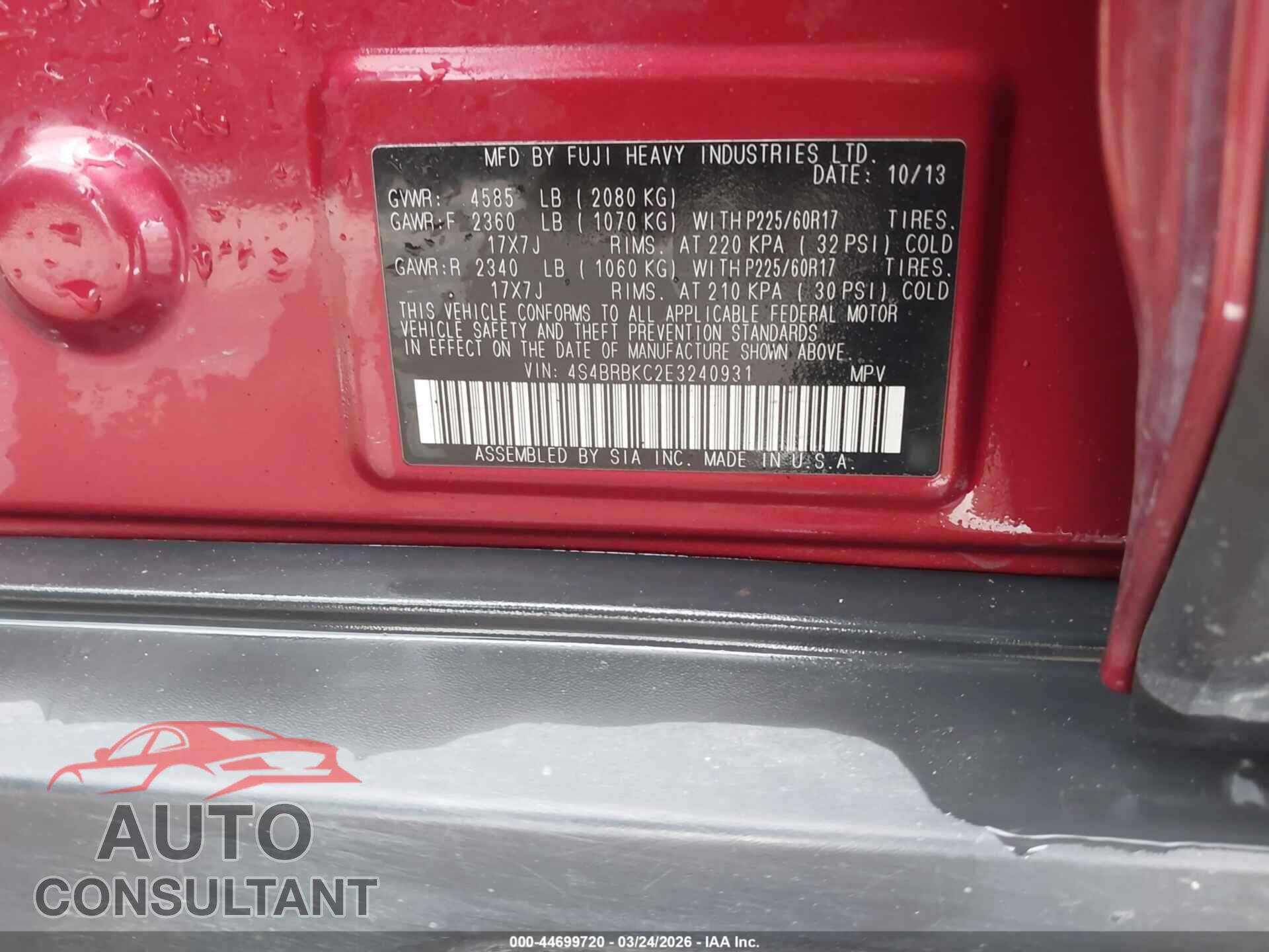 SUBARU OUTBACK 2014 - 4S4BRBKC2E3240931