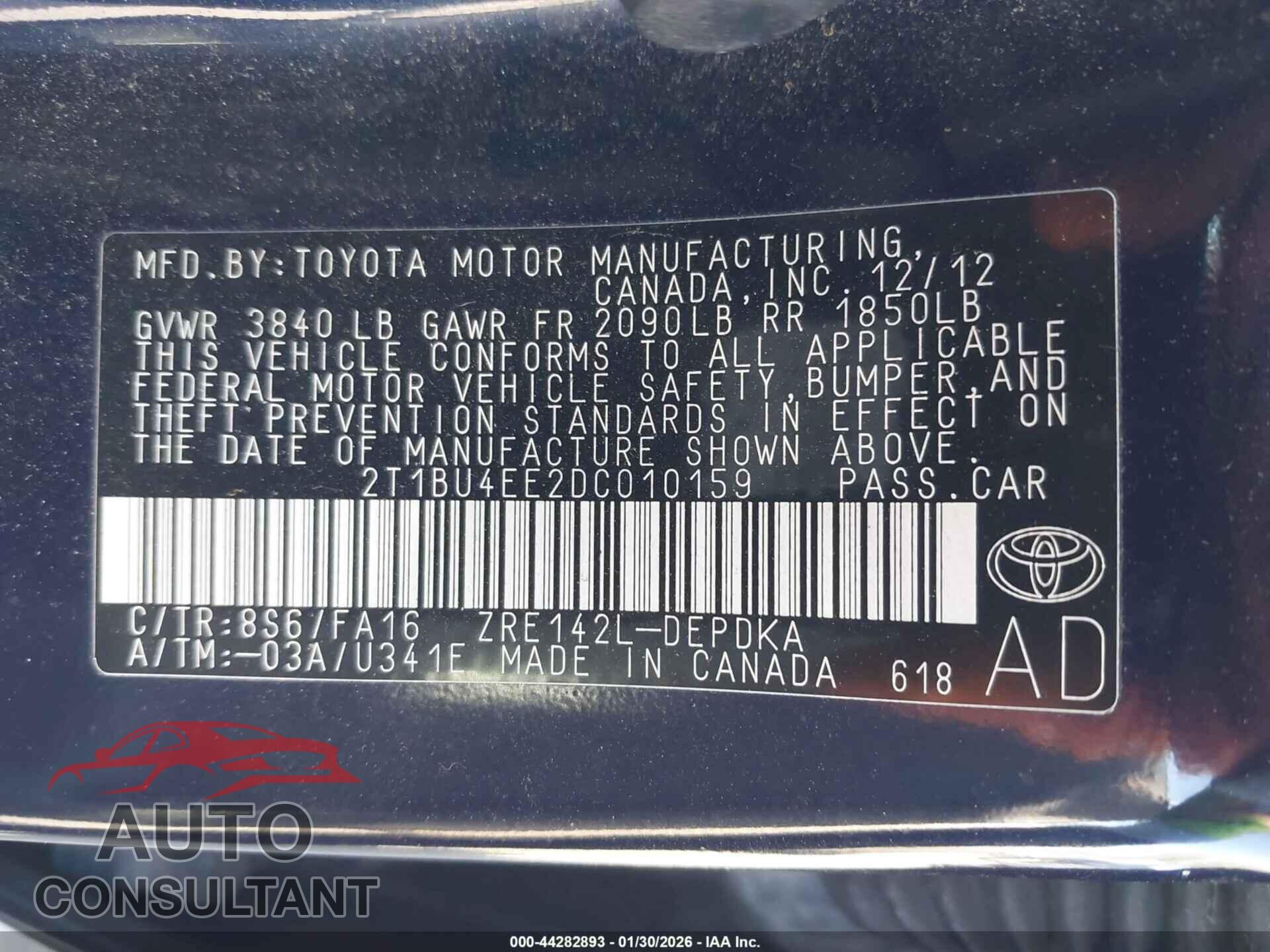 TOYOTA COROLLA 2013 - 2T1BU4EE2DC010159