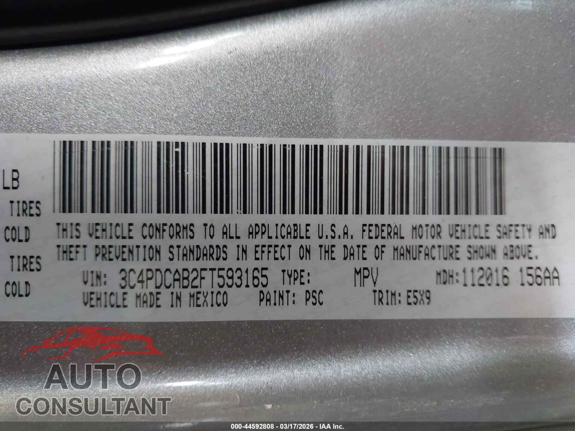 DODGE JOURNEY 2015 - 3C4PDCAB2FT593165