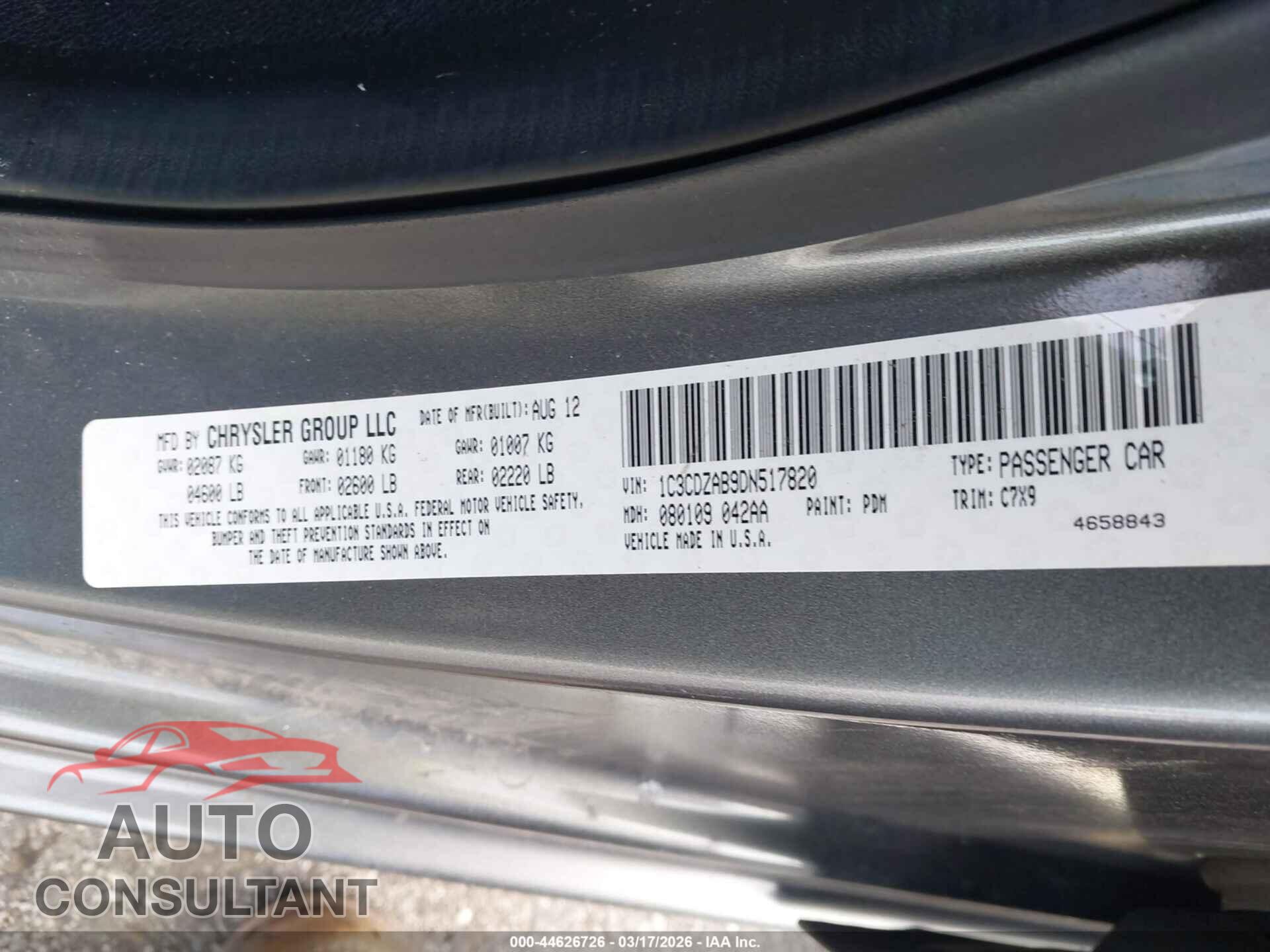 DODGE AVENGER 2013 - 1C3CDZAB9DN517820