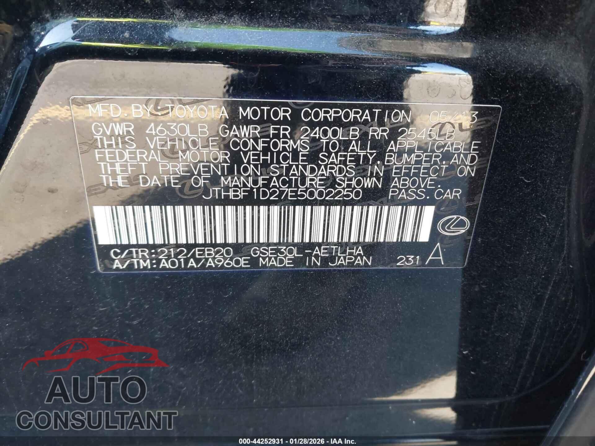 LEXUS IS 250 2014 - JTHBF1D27E5002250
