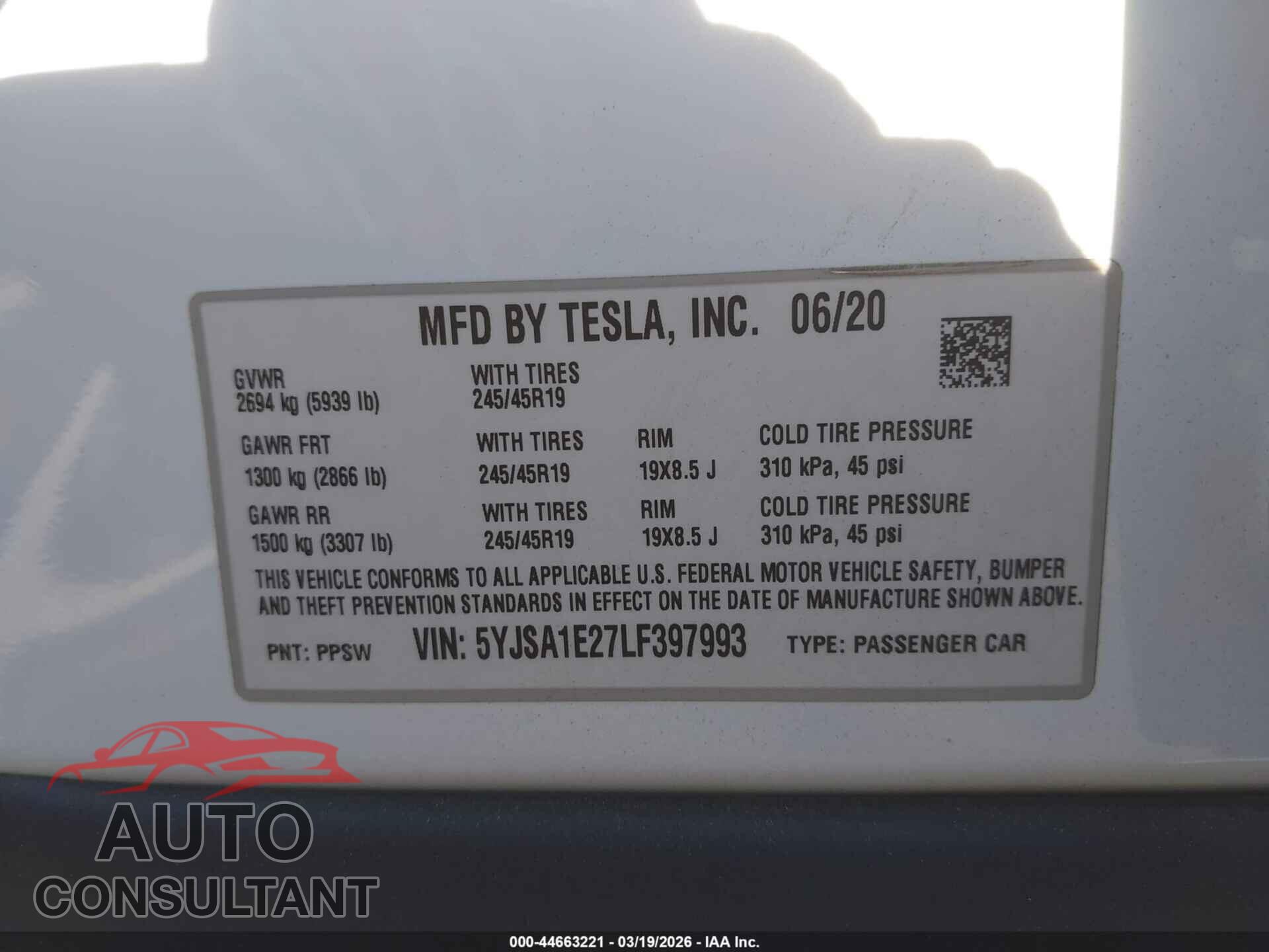 TESLA MODEL S 2020 - 5YJSA1E27LF397993