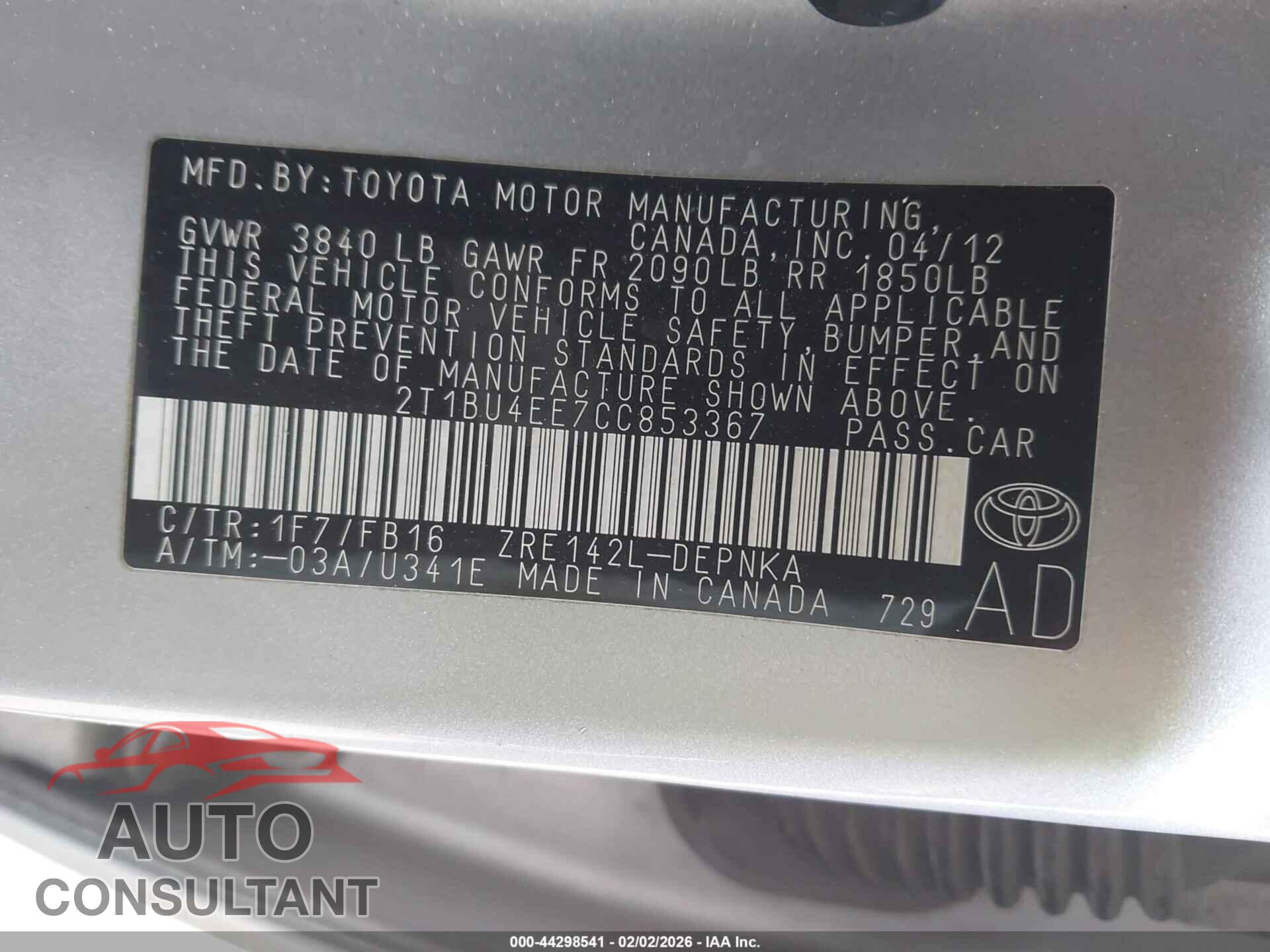 TOYOTA COROLLA 2012 - 2T1BU4EE7CC853367