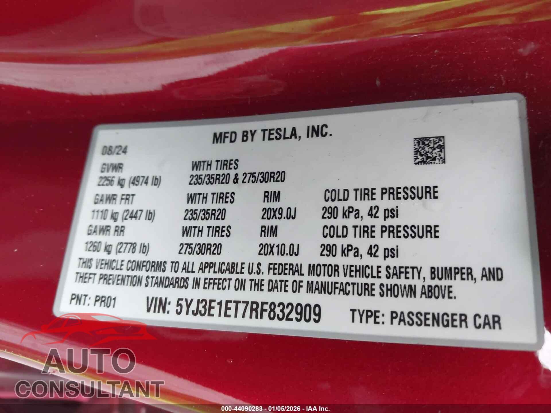 TESLA MODEL 3 2024 - 5YJ3E1ET7RF832909