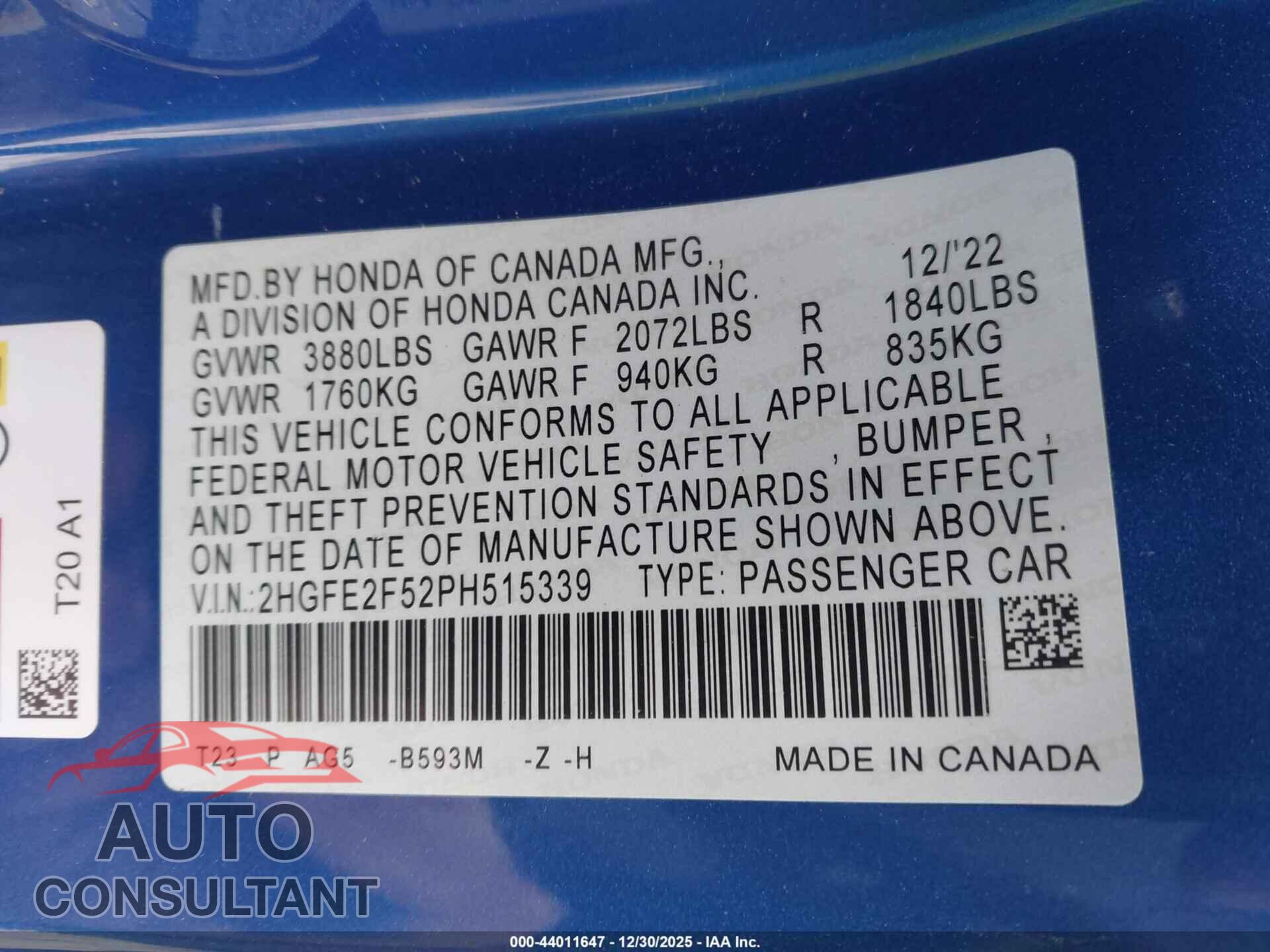 HONDA CIVIC 2023 - 2HGFE2F52PH515339
