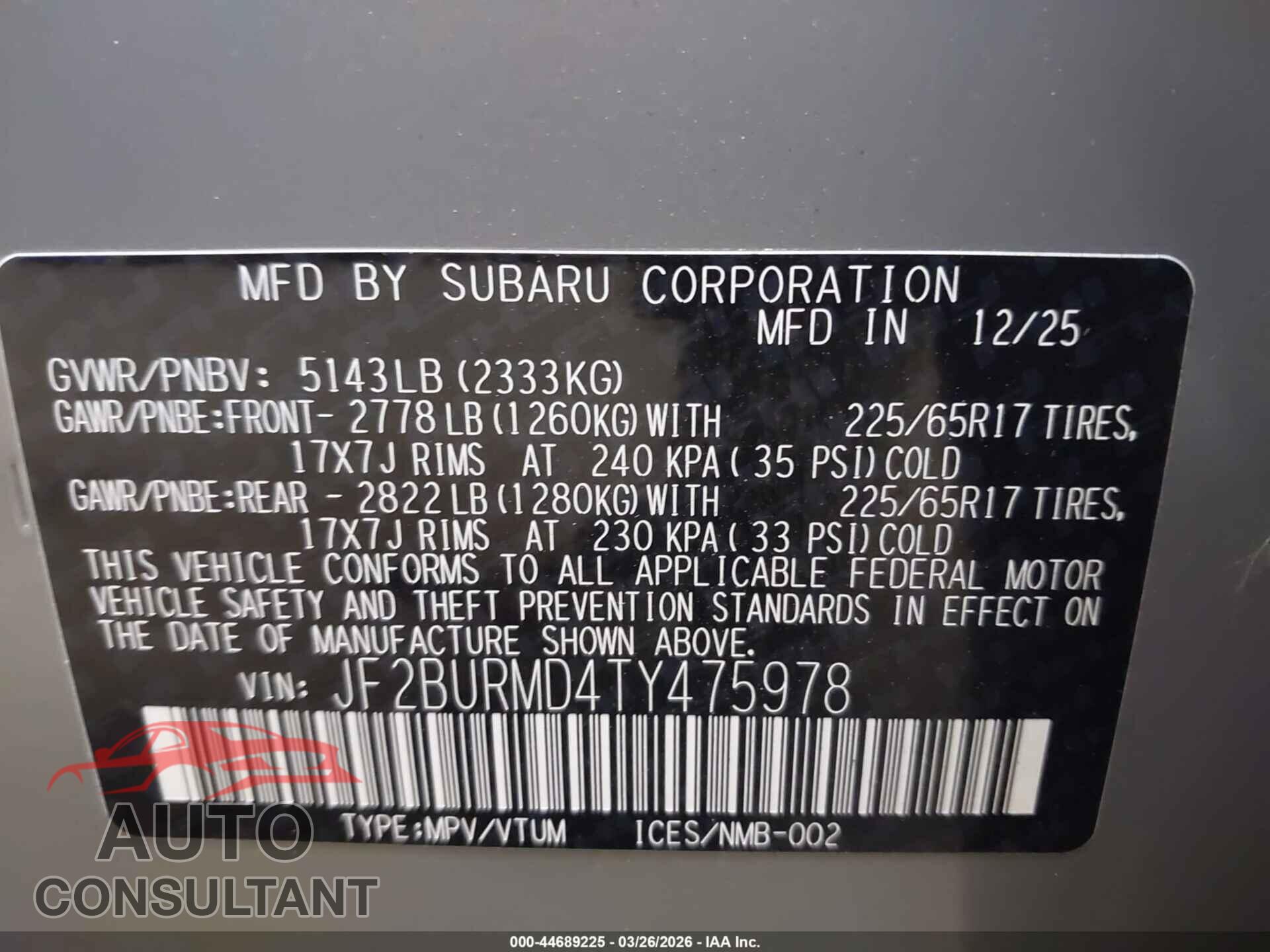 SUBARU OUTBACK 2026 - JF2BURMD4TY475978