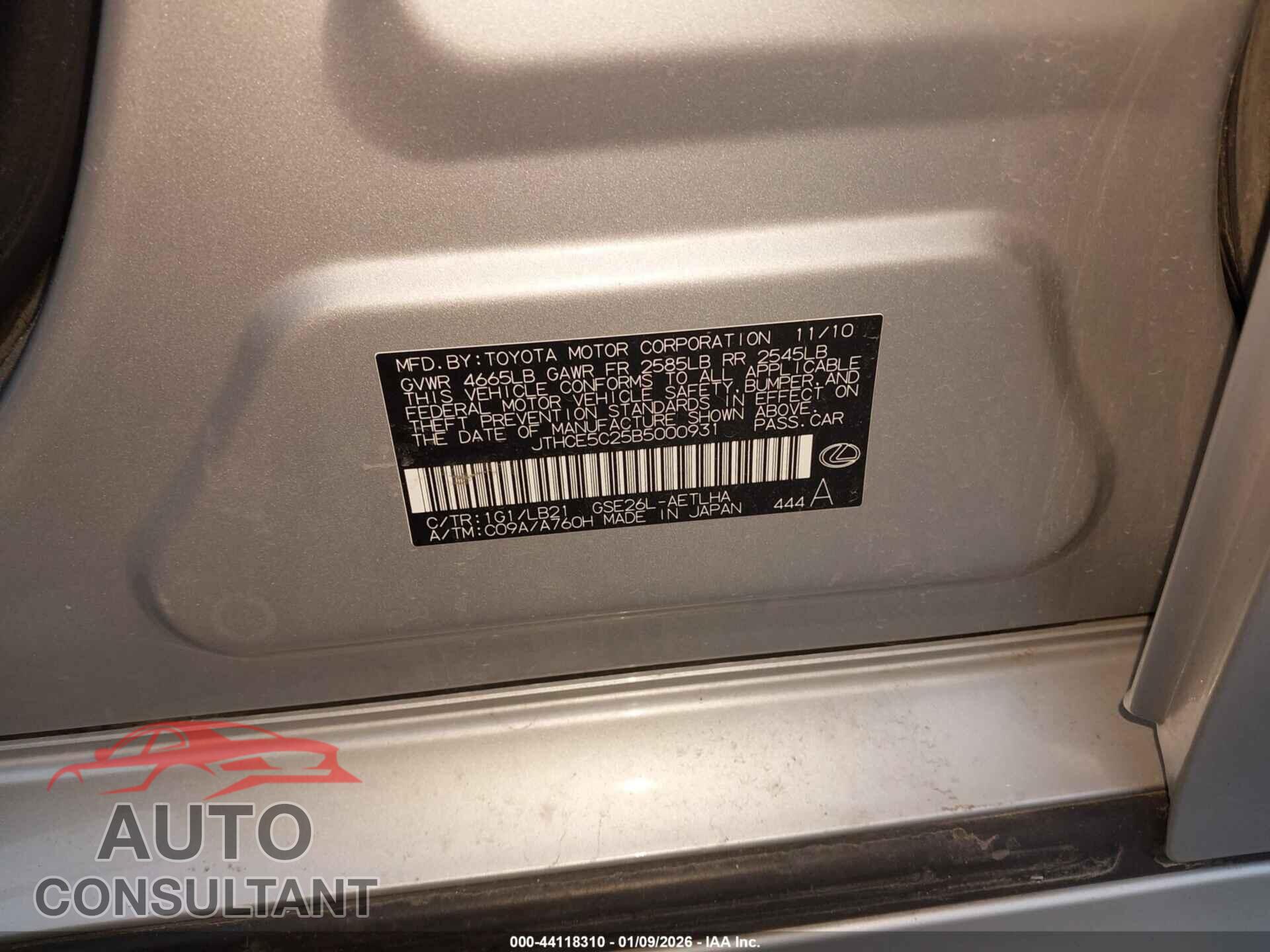 LEXUS IS 350 2011 - JTHCE5C25B5000931