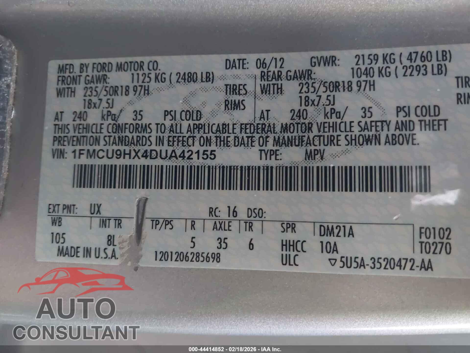 FORD ESCAPE 2013 - 1FMCU9HX4DUA42155