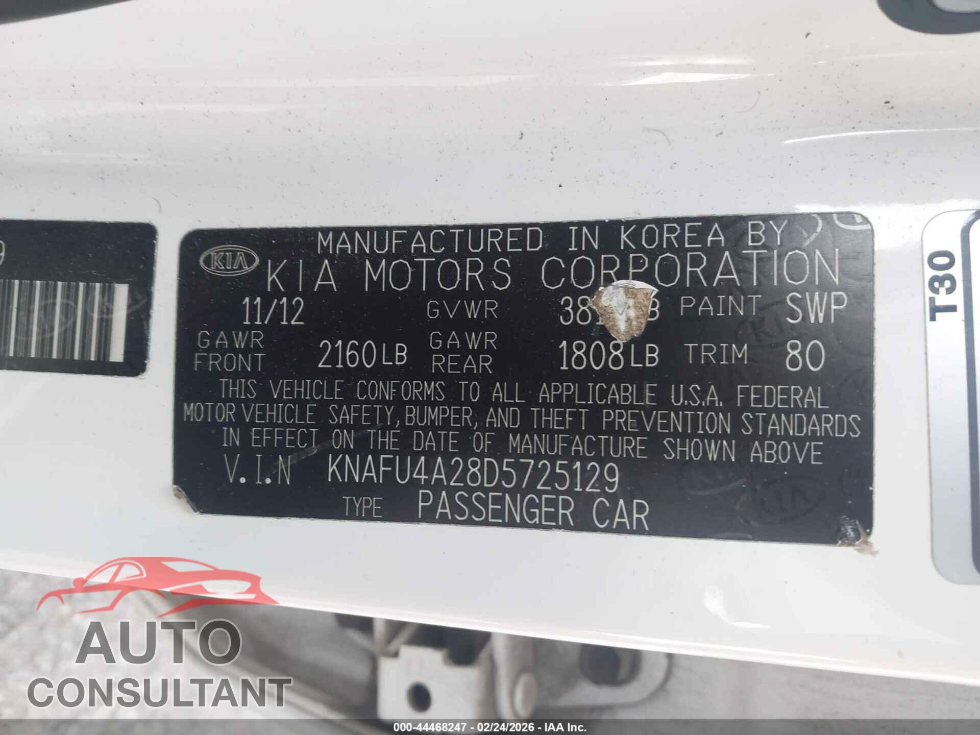 KIA FORTE 2013 - KNAFU4A28D5725129