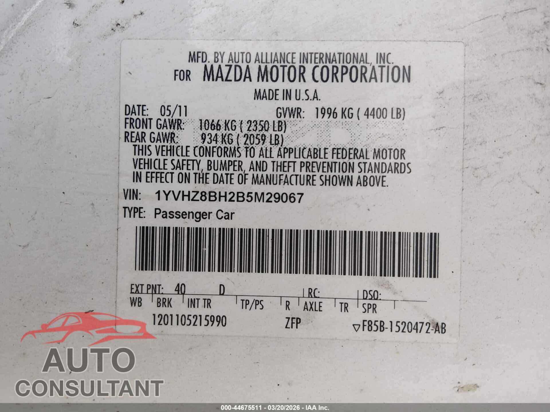 MAZDA MAZDA6 2011 - 1YVHZ8BH2B5M29067