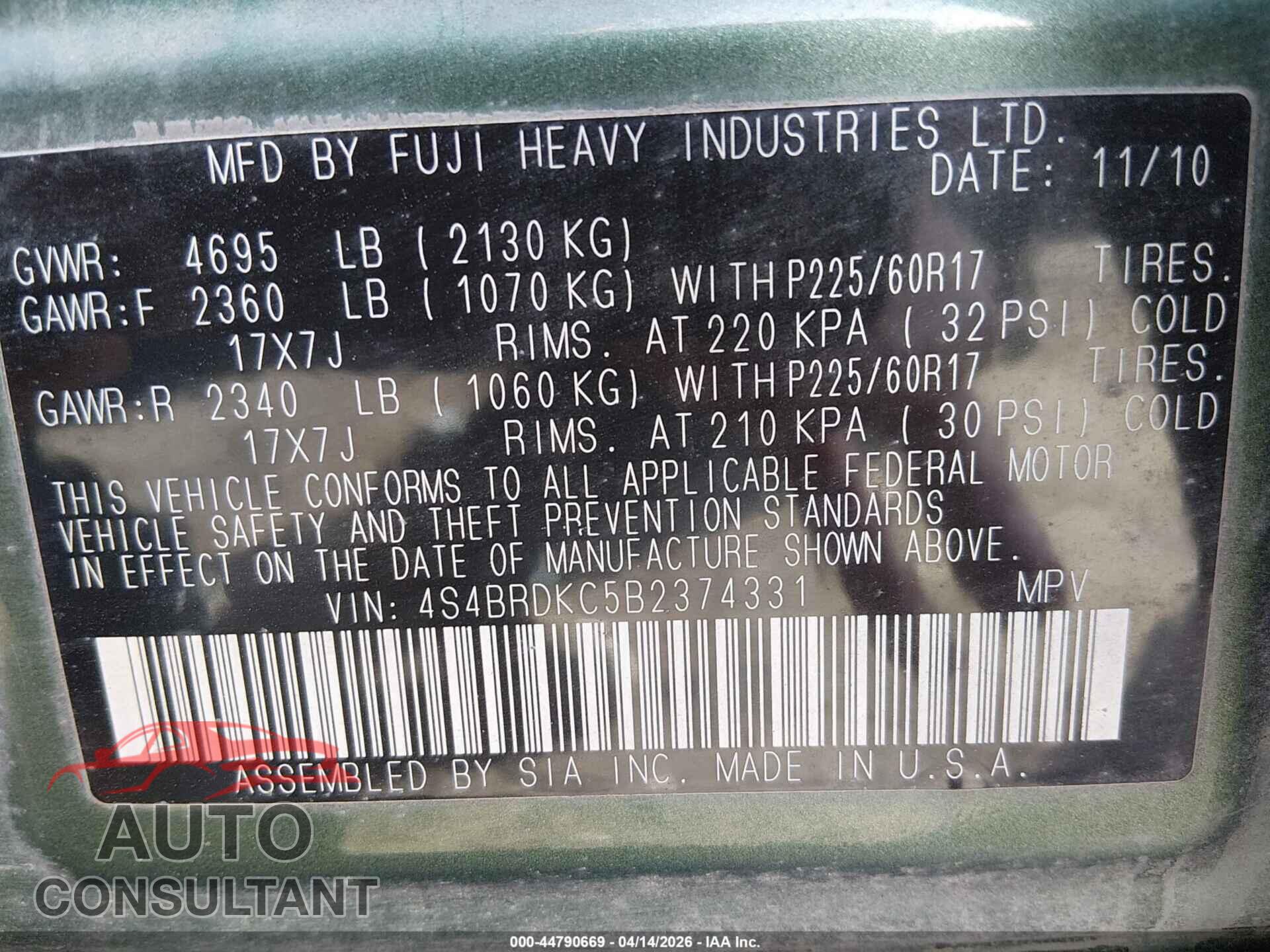 SUBARU OUTBACK 2011 - 4S4BRDKC5B2374331