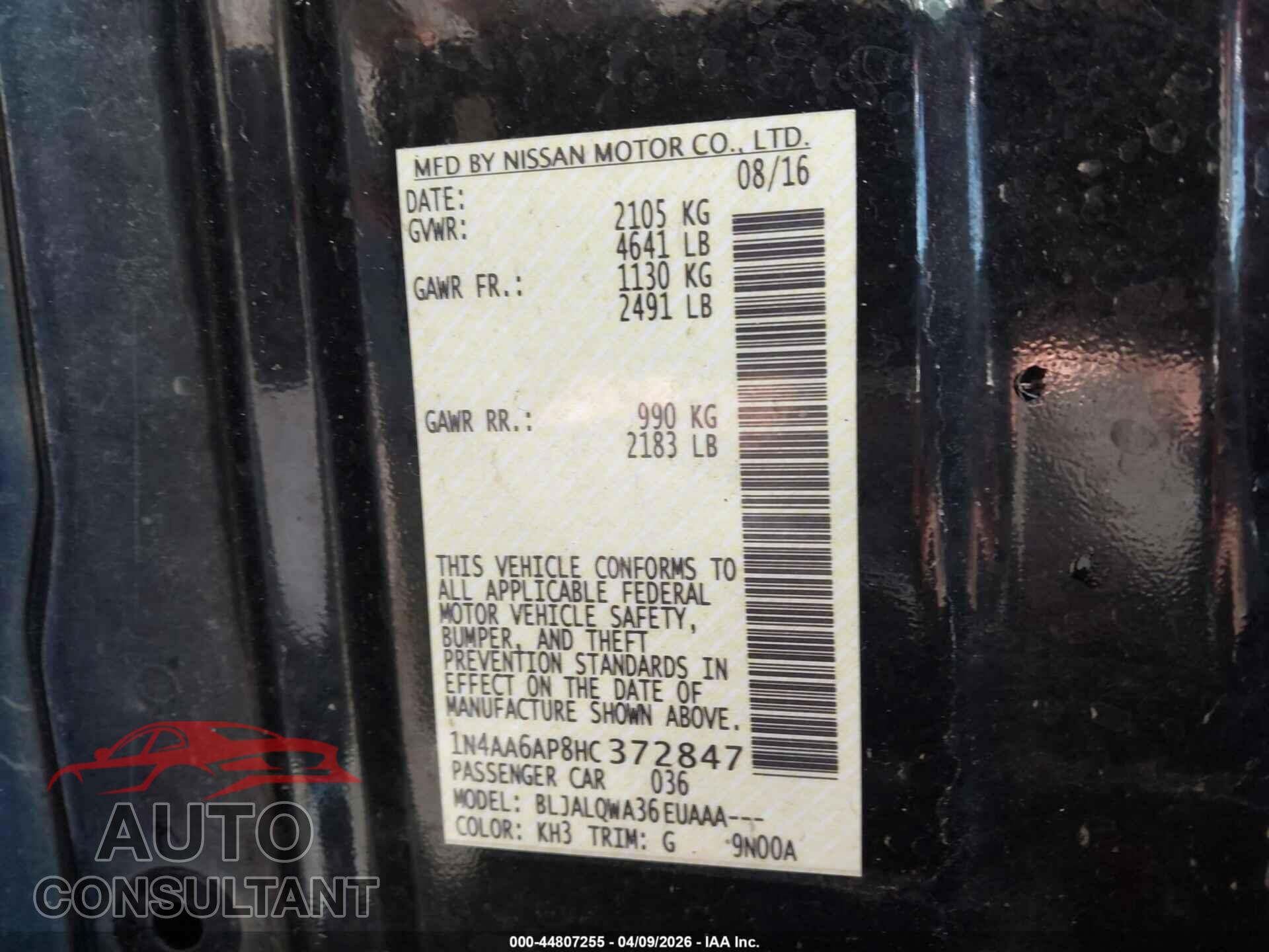 NISSAN MAXIMA 2017 - 1N4AA6AP8HC372847