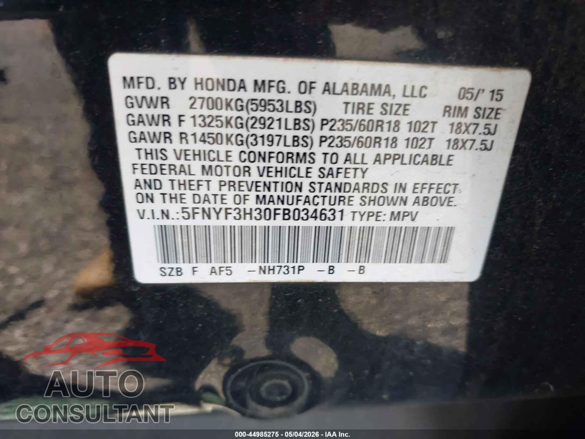 HONDA PILOT 2015 - 5FNYF3H30FB034631