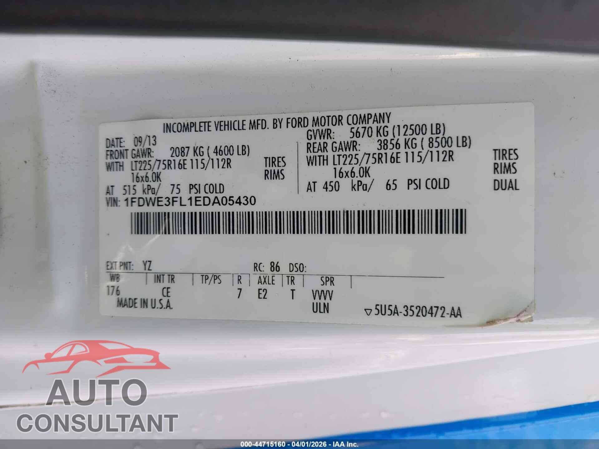FORD E-350 CUTAWAY 2014 - 1FDWE3FL1EDA05430
