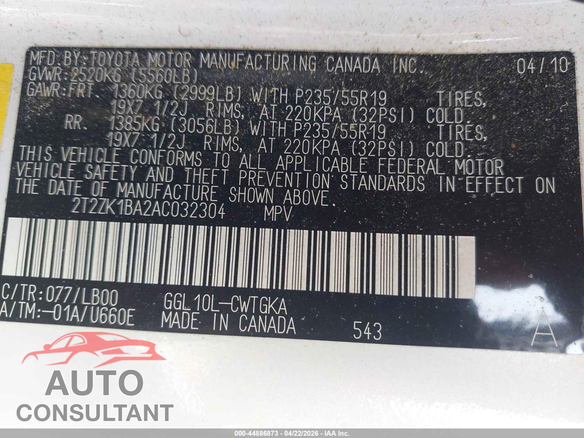 LEXUS RX 350 2010 - 2T2ZK1BA2AC032304