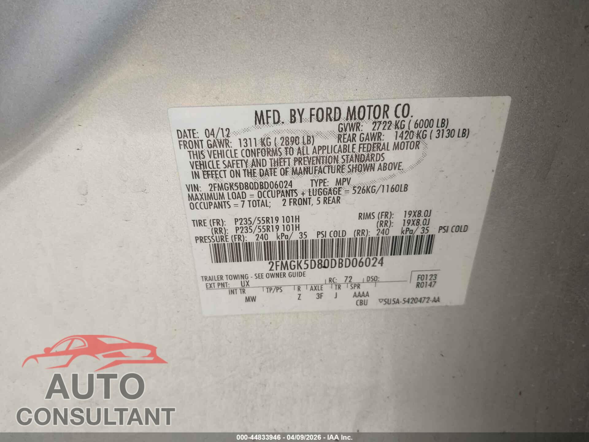 FORD FLEX 2013 - 2FMGK5D80DBD06024