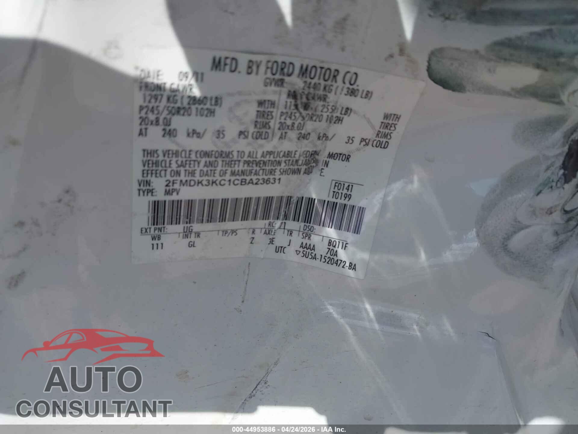 FORD EDGE 2012 - 2FMDK3KC1CBA23631