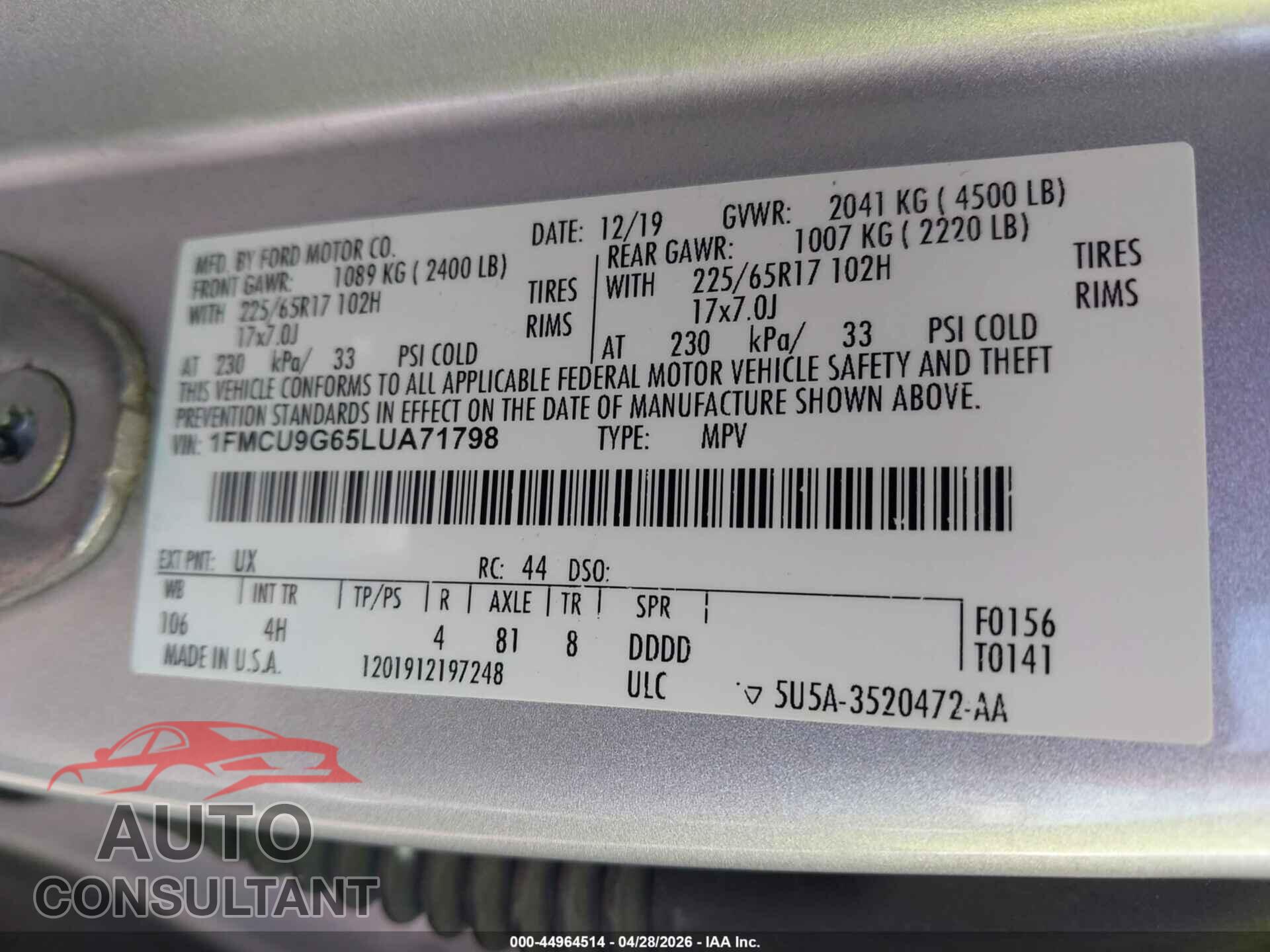 FORD ESCAPE 2020 - 1FMCU9G65LUA71798